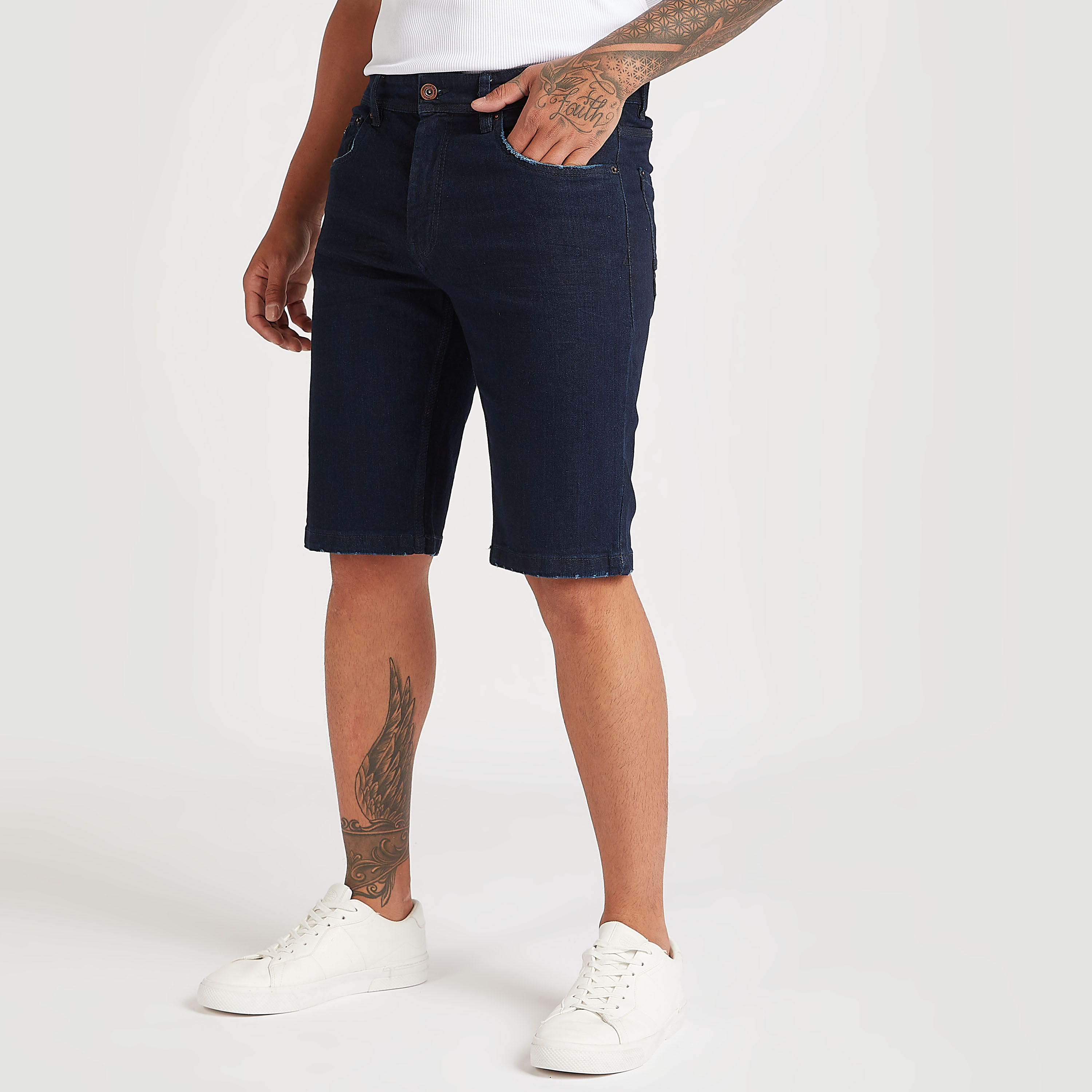 Solid Denim Shorts with Button Closure-men-clothing-bottoms-shorts-image-1