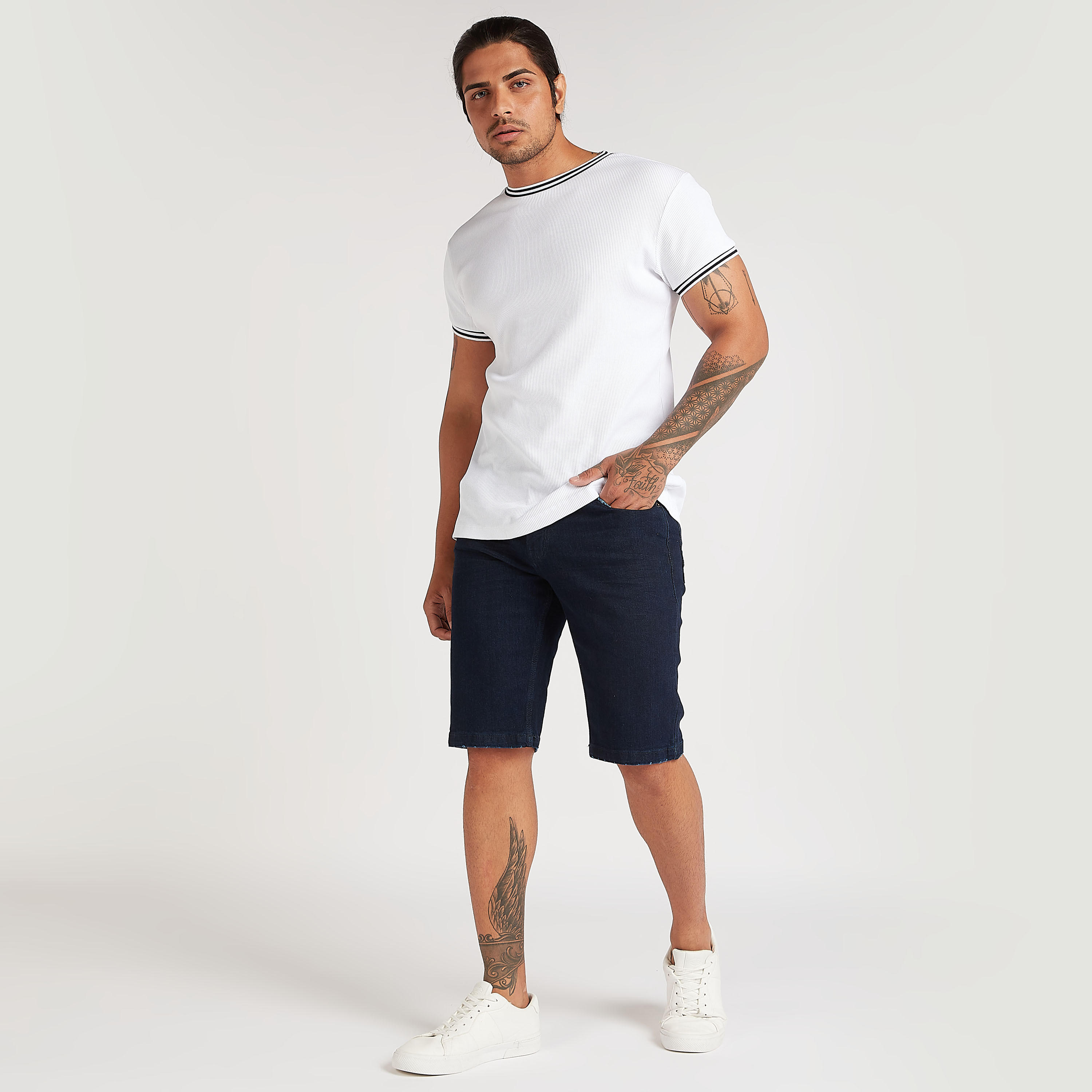Solid Denim Shorts with Button Closure-men-clothing-bottoms-shorts-image-2
