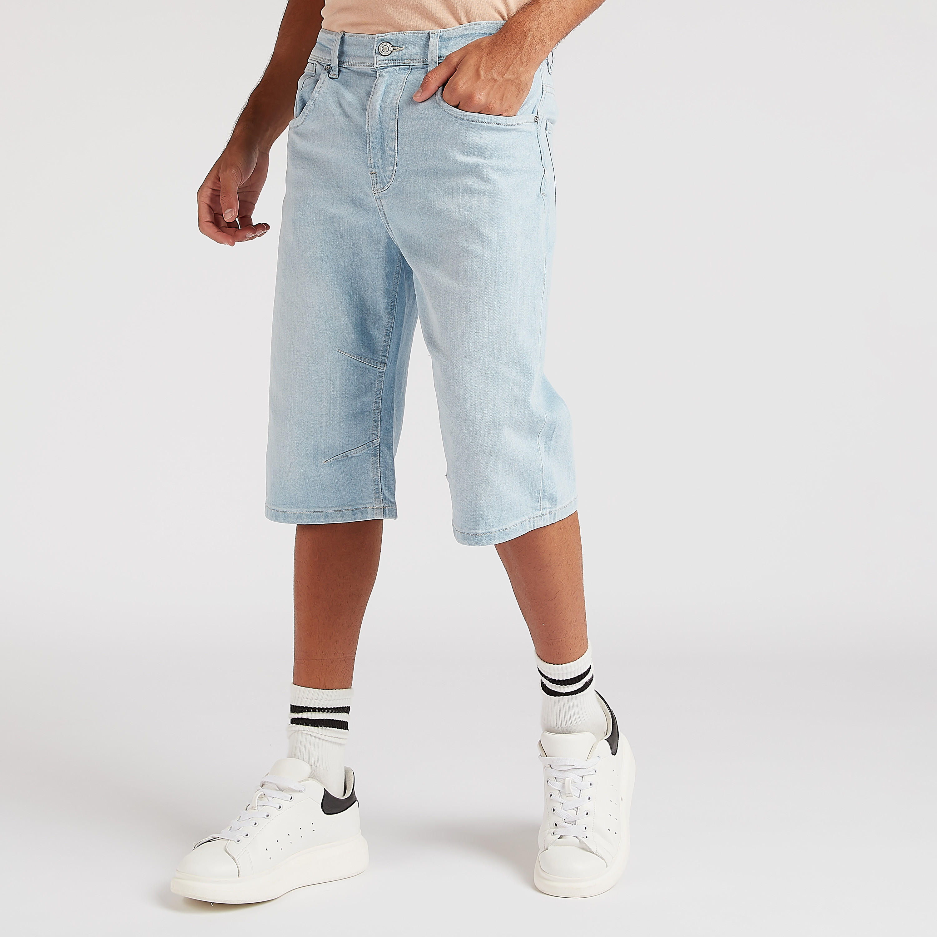 Solid Flexi Waist Denim Shorts with Pockets-men-clothing-bottoms-shorts-image-1