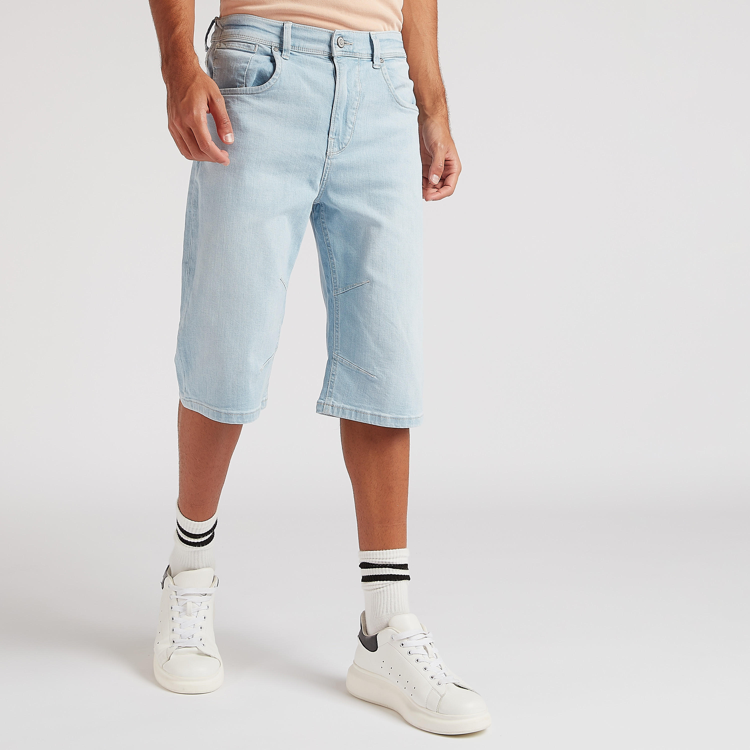 Solid Flexi Waist Denim Shorts with Pockets-men-clothing-bottoms-shorts-image-5