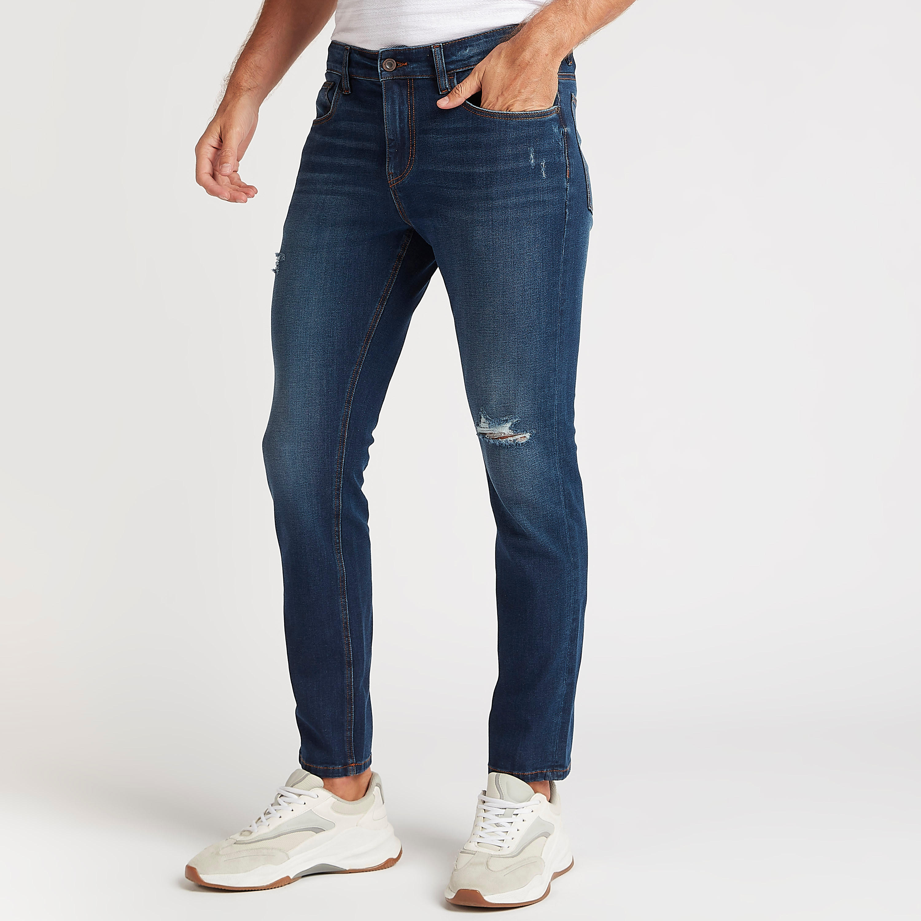 بنطلون جينز دنيم سادة سوبر سكيني فيت مضلّع  بزر إغلاق-men-clothing-bottoms-jeans-image-1