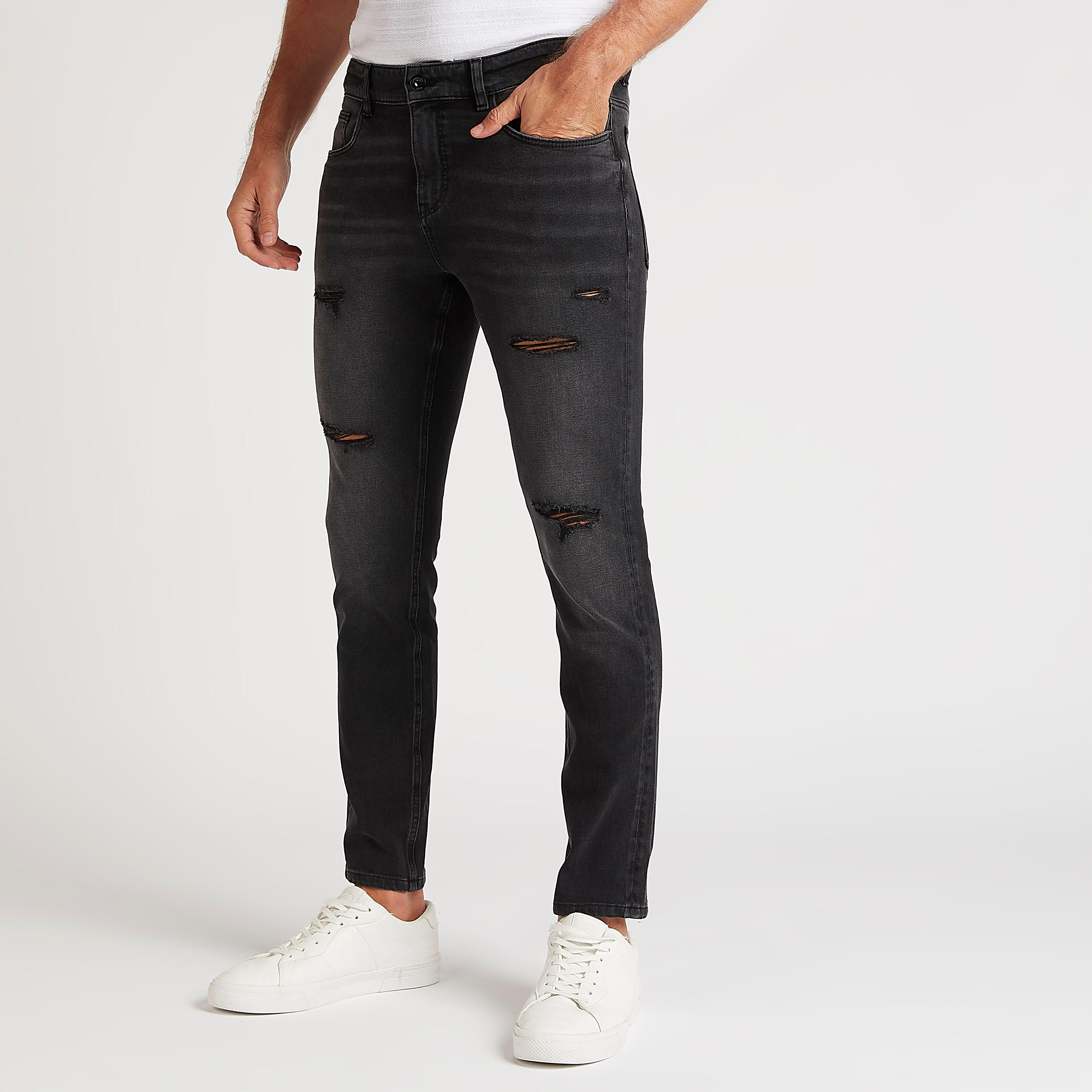بنطلون جينز دنيم سادة سوبر سكيني فيت مضلّع  بزر إغلاق-men-clothing-bottoms-jeans-image-1