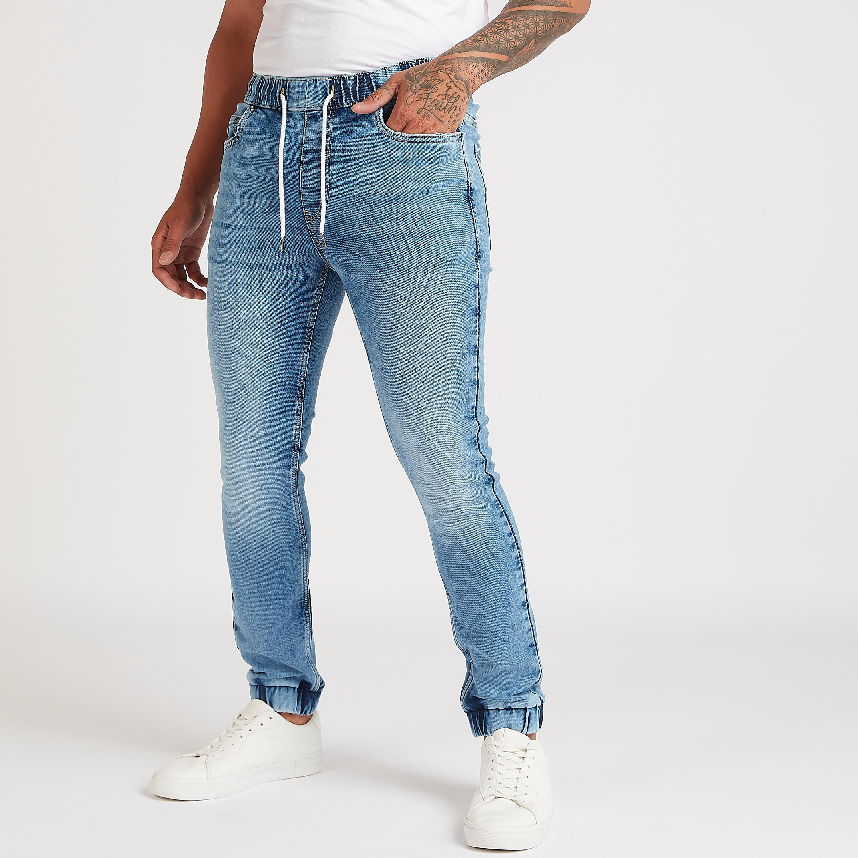 Solid Mid-Rise Denim Joggers with Drawstring Closure-men-clothing-bottoms-jeans-image-1
