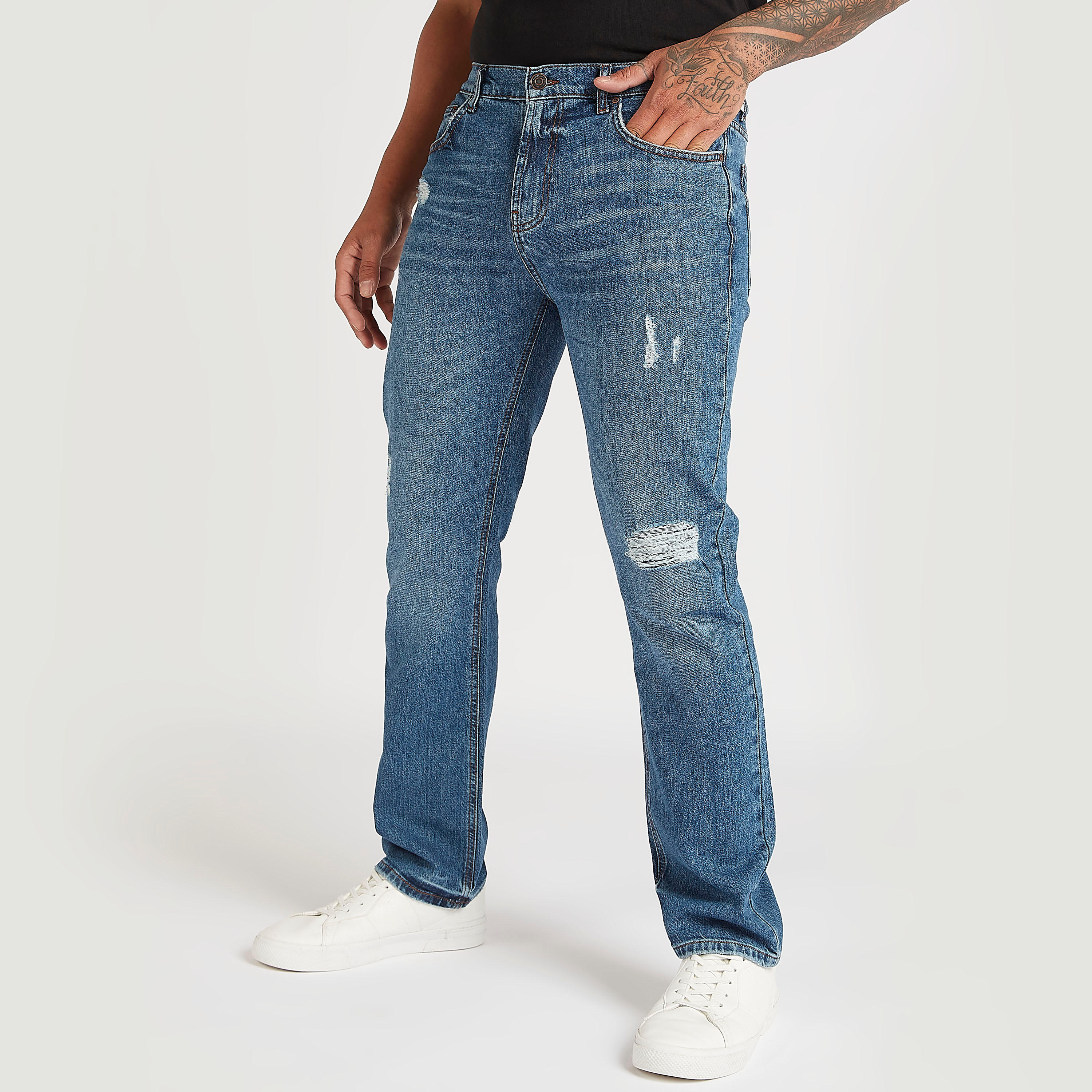 بنطلون جينز دنيم مضلّع بقصّة مستقيمة وجيوب وخصر متوسّط الارتفاع-men-clothing-bottoms-jeans-image-1