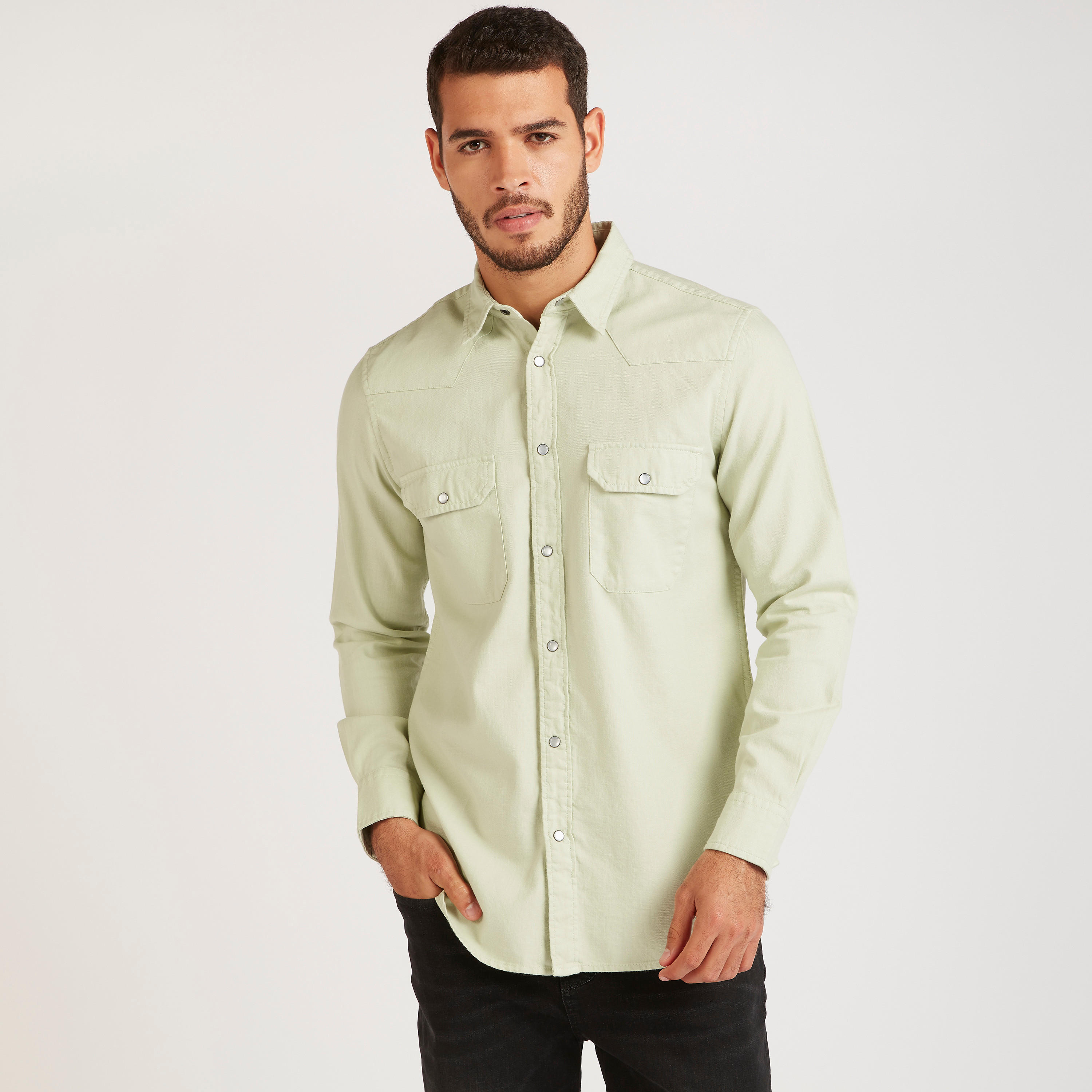 Solid Denim Shirt with Flap Pockets and Long Sleeves-men-clothing-shirts-image-1