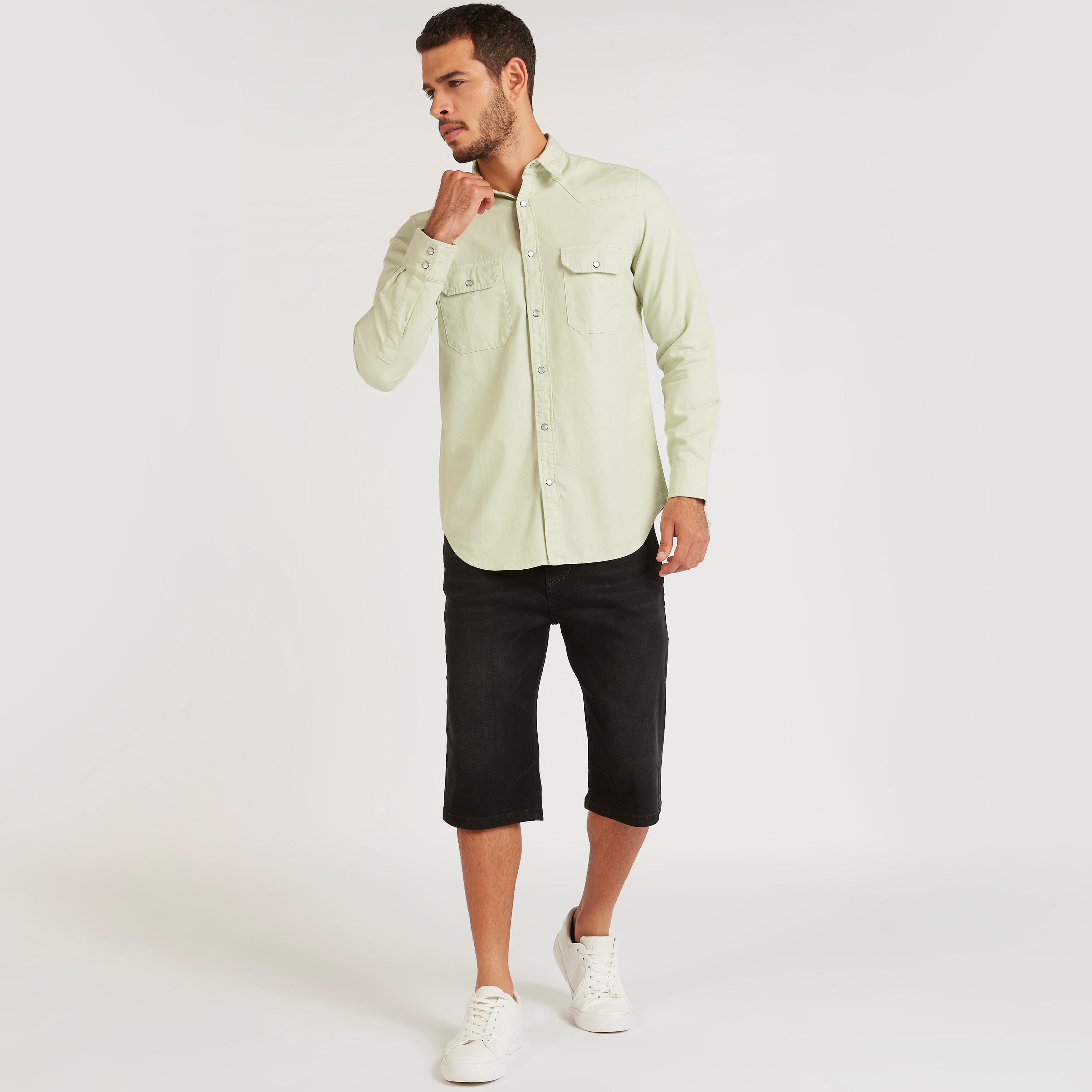 Solid Denim Shirt with Flap Pockets and Long Sleeves-men-clothing-shirts-image-2