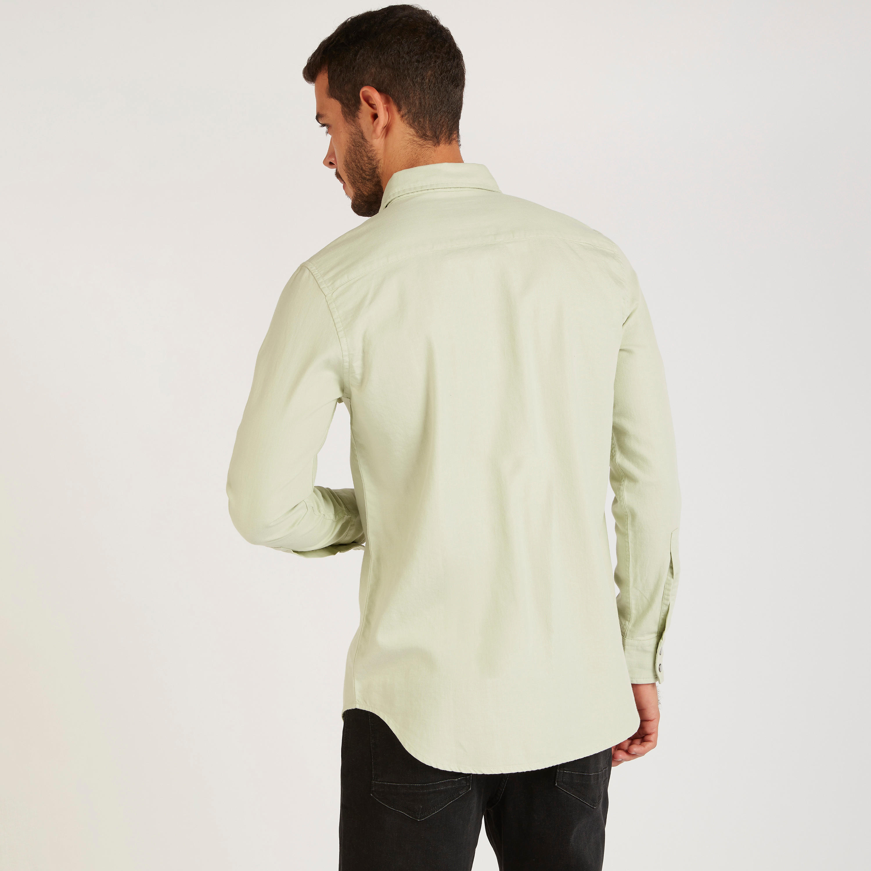 Solid Denim Shirt with Flap Pockets and Long Sleeves-men-clothing-shirts-image-4