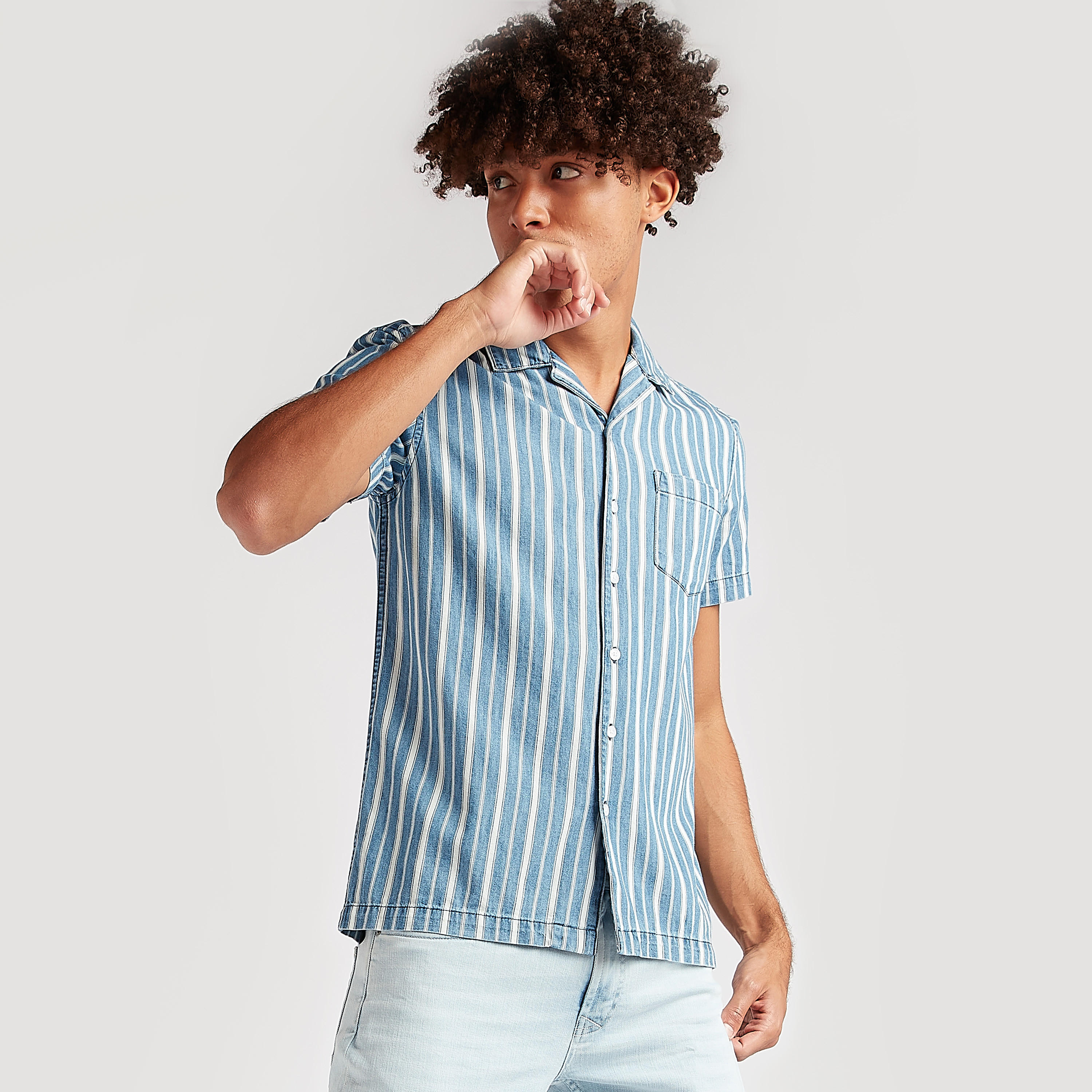 Striped Slim Fit Denim Shirt with Chest Pocket-men-clothing-shirts-image-1