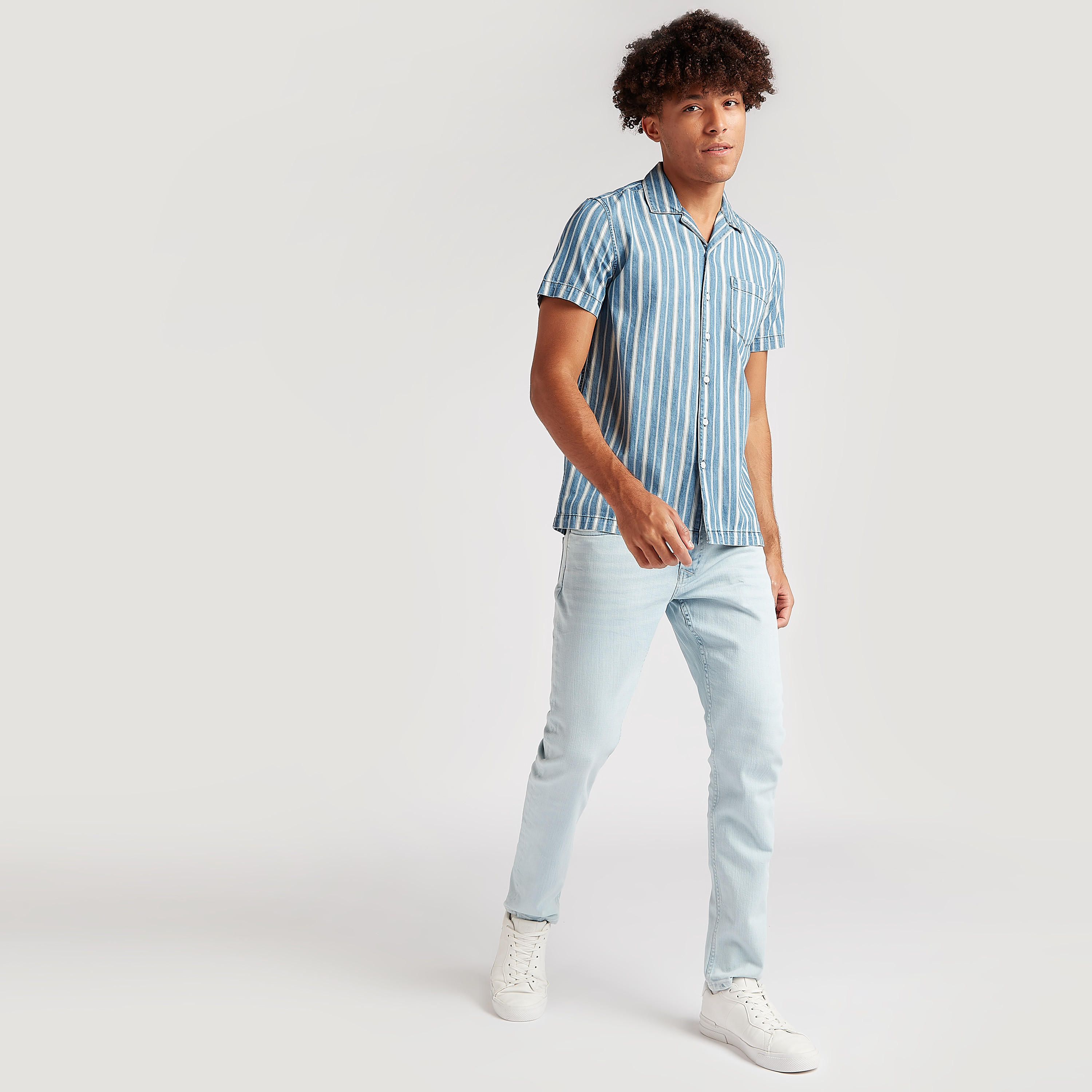Striped Slim Fit Denim Shirt with Chest Pocket-men-clothing-shirts-image-2
