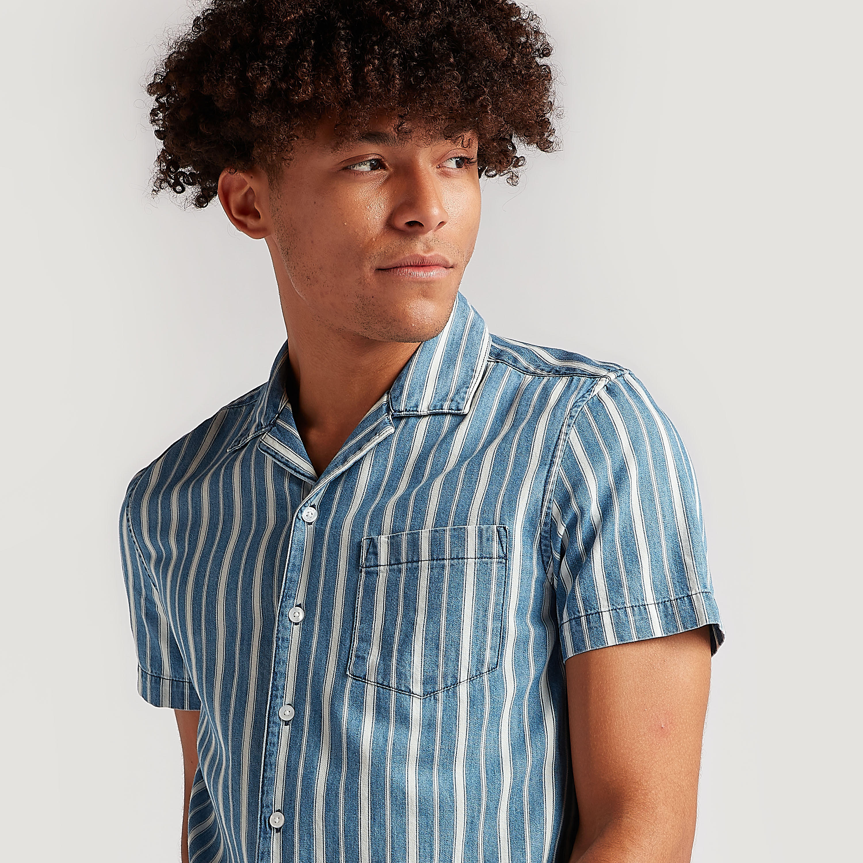 Striped Slim Fit Denim Shirt with Chest Pocket-men-clothing-shirts-image-3