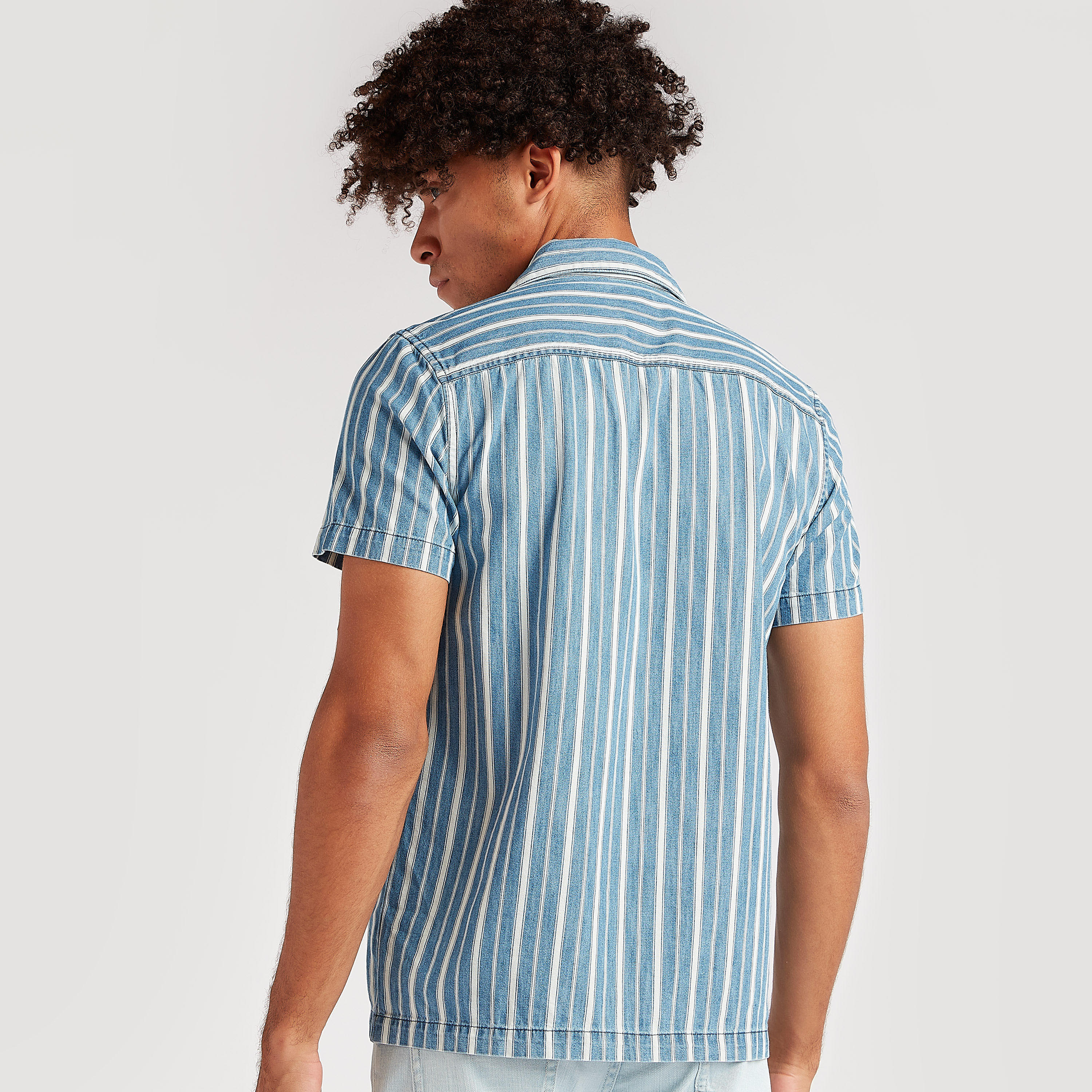Striped Slim Fit Denim Shirt with Chest Pocket-men-clothing-shirts-image-4