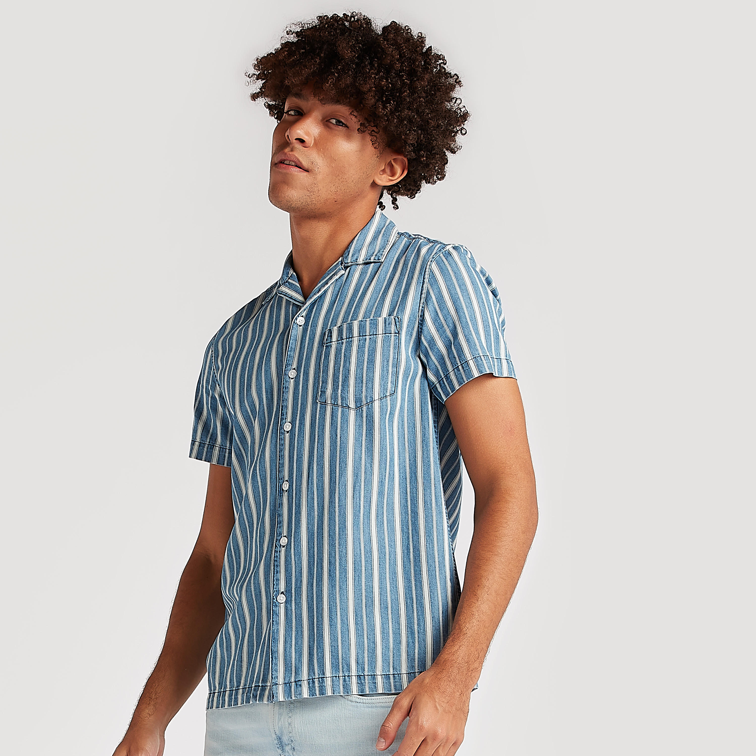 Striped Slim Fit Denim Shirt with Chest Pocket-men-clothing-shirts-image-5