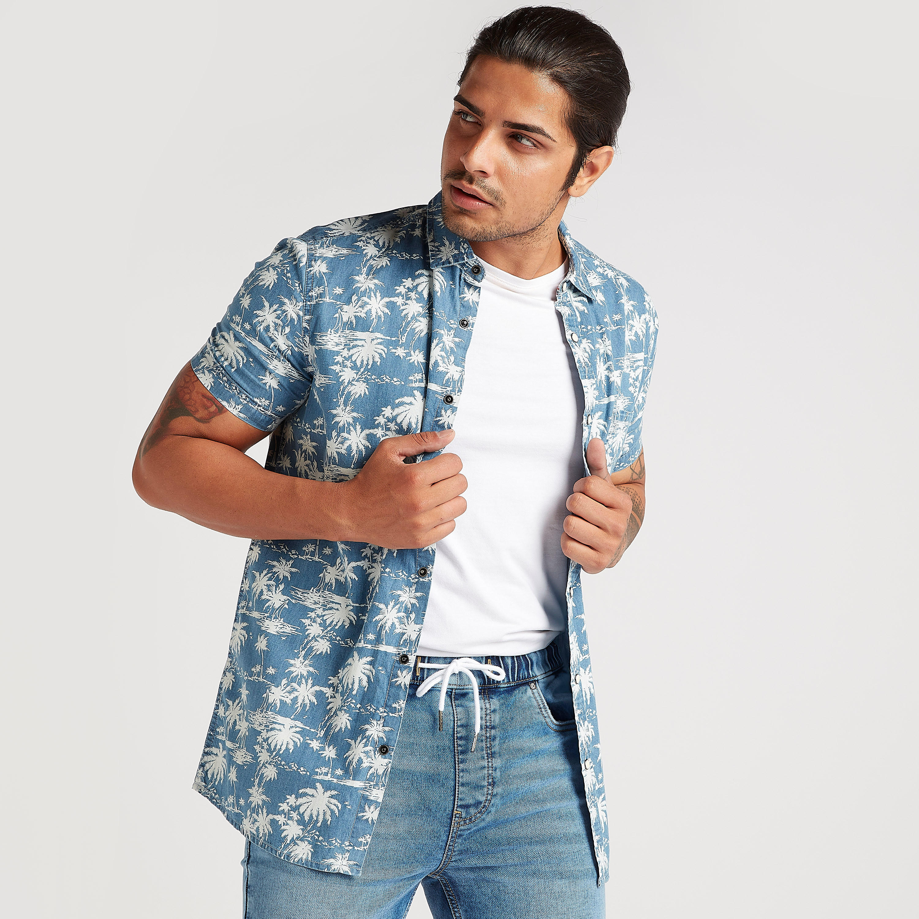 Printed Button Up Denim Shirt with Short Sleeves-men-clothing-shirts-image-1