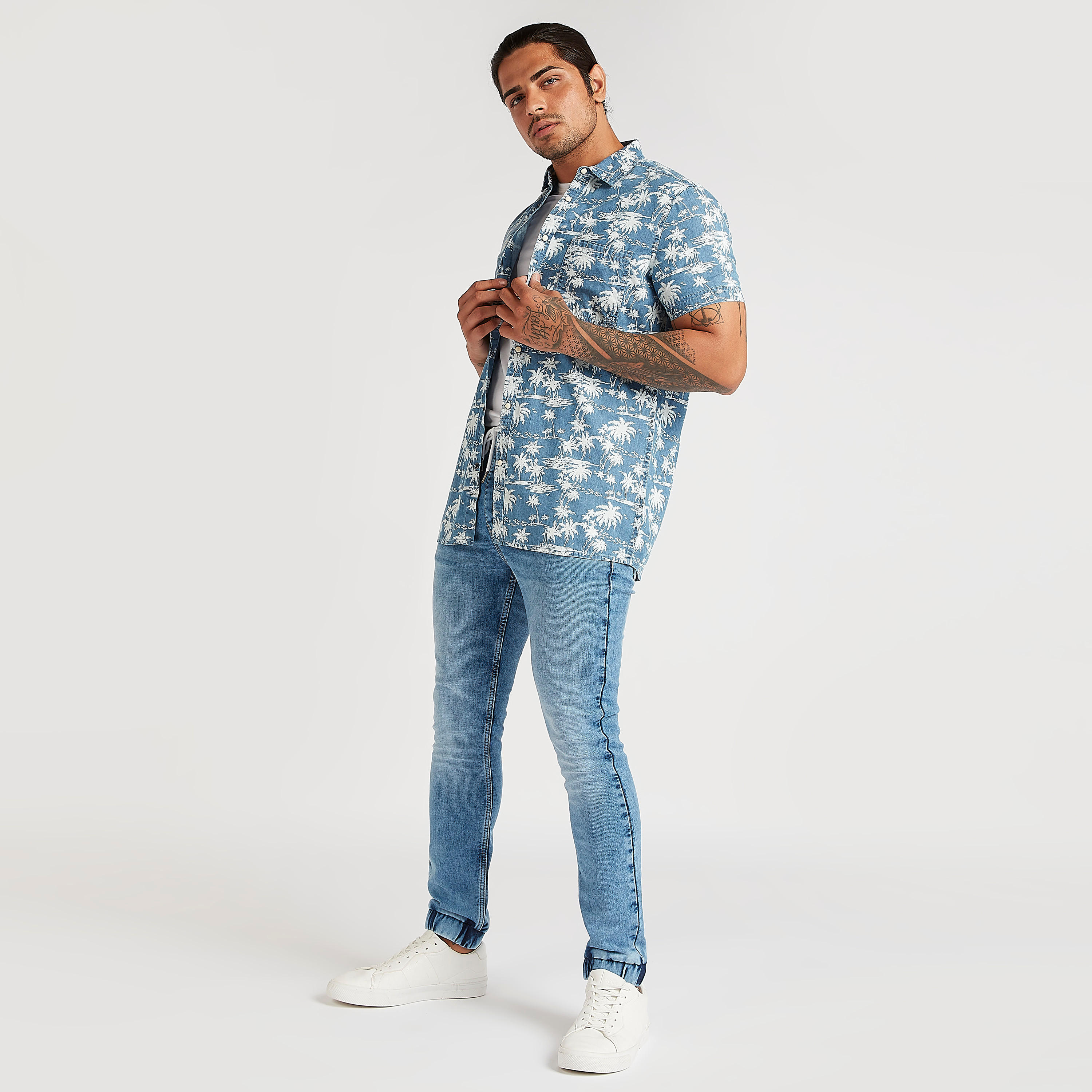 Printed Button Up Denim Shirt with Short Sleeves-men-clothing-shirts-image-2