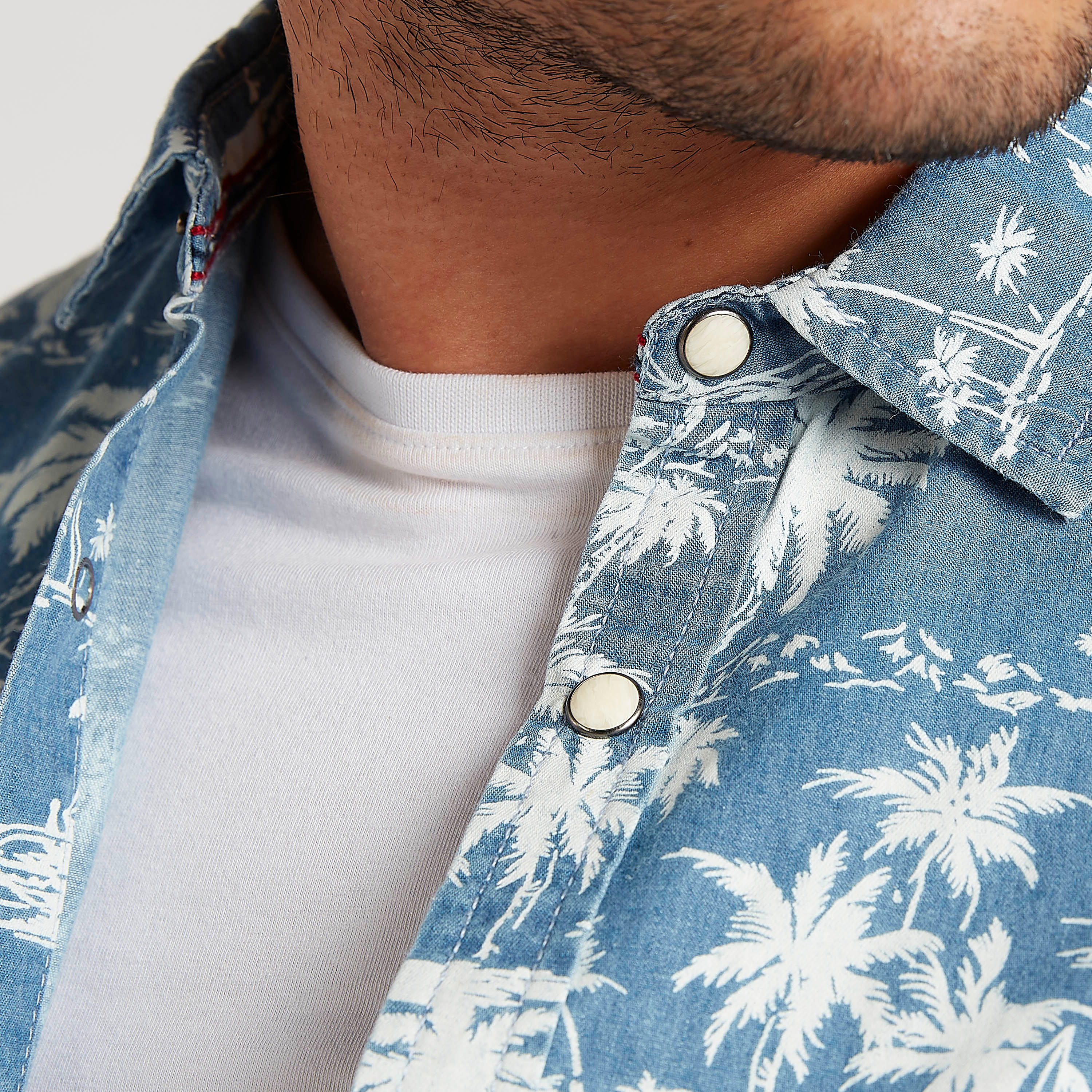 Printed Button Up Denim Shirt with Short Sleeves-men-clothing-shirts-image-3