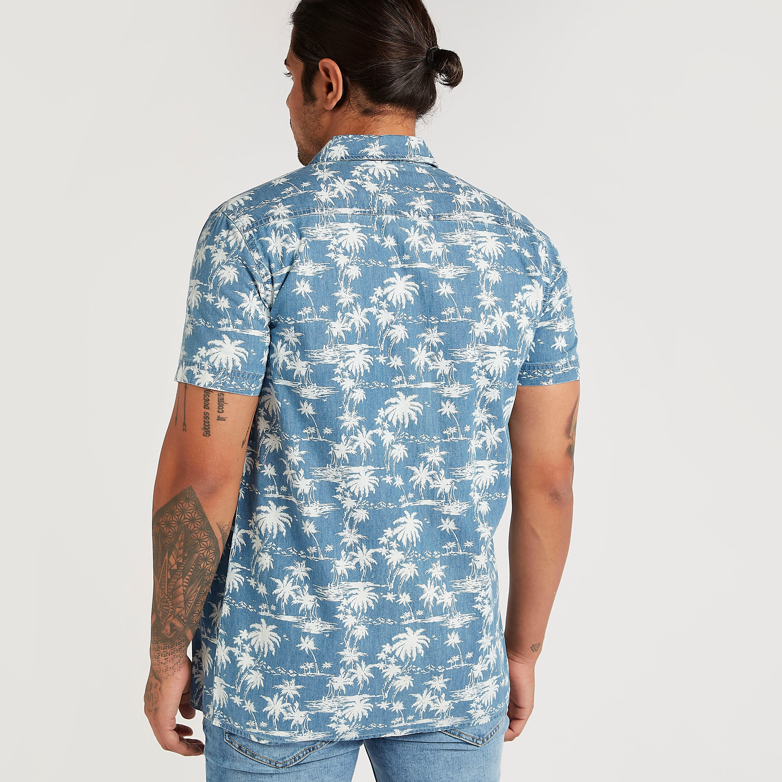 Printed Button Up Denim Shirt with Short Sleeves-men-clothing-shirts-image-4