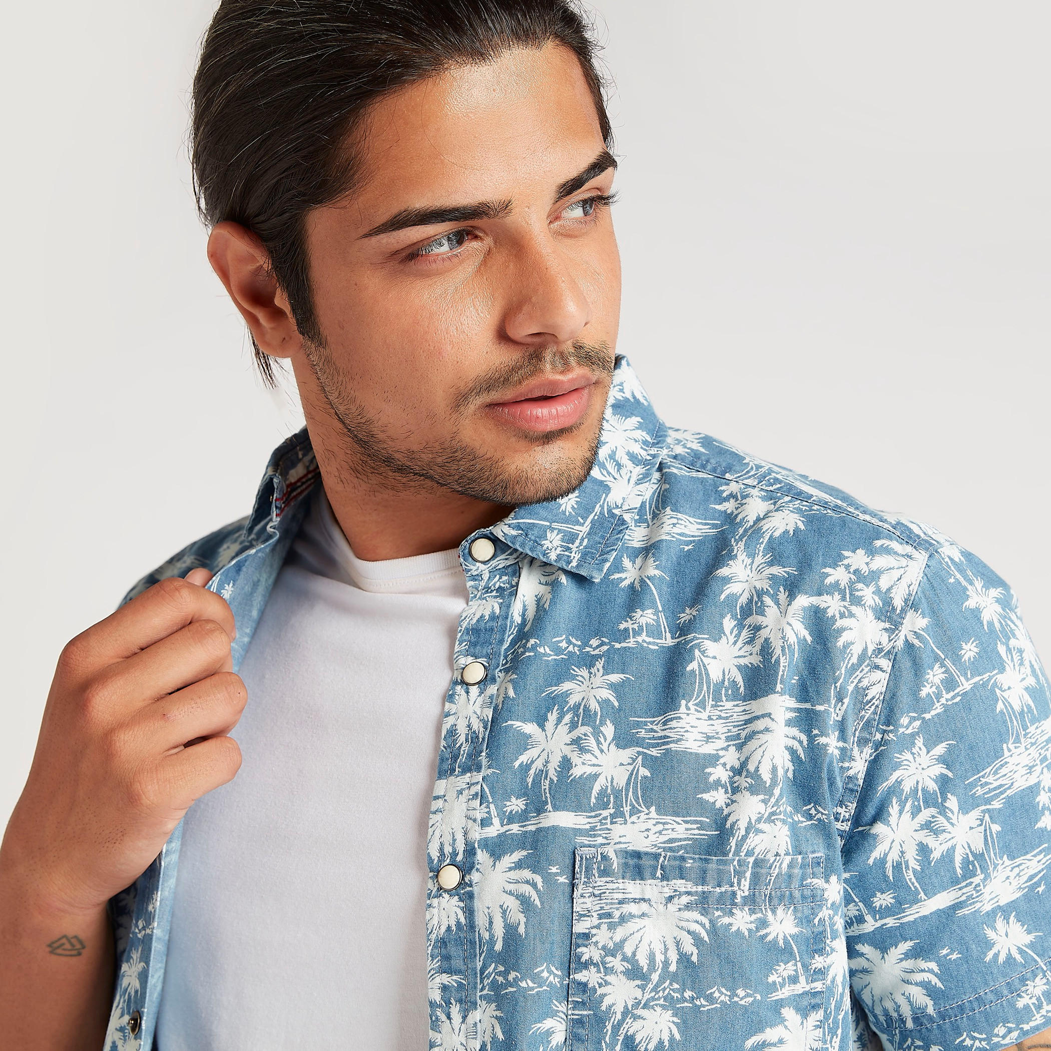 Printed Button Up Denim Shirt with Short Sleeves-men-clothing-shirts-image-5