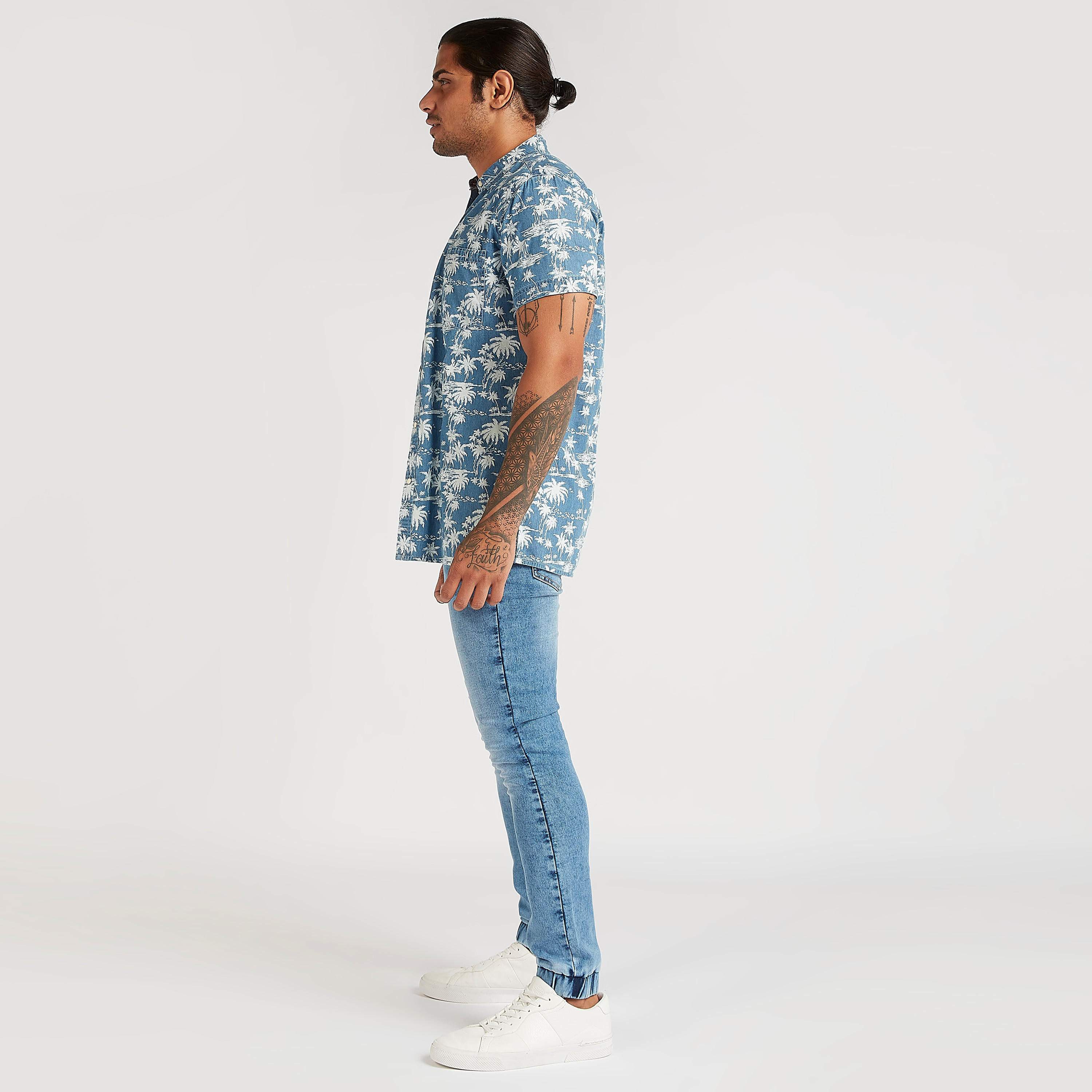 Printed Button Up Denim Shirt with Short Sleeves-men-clothing-shirts-image-6