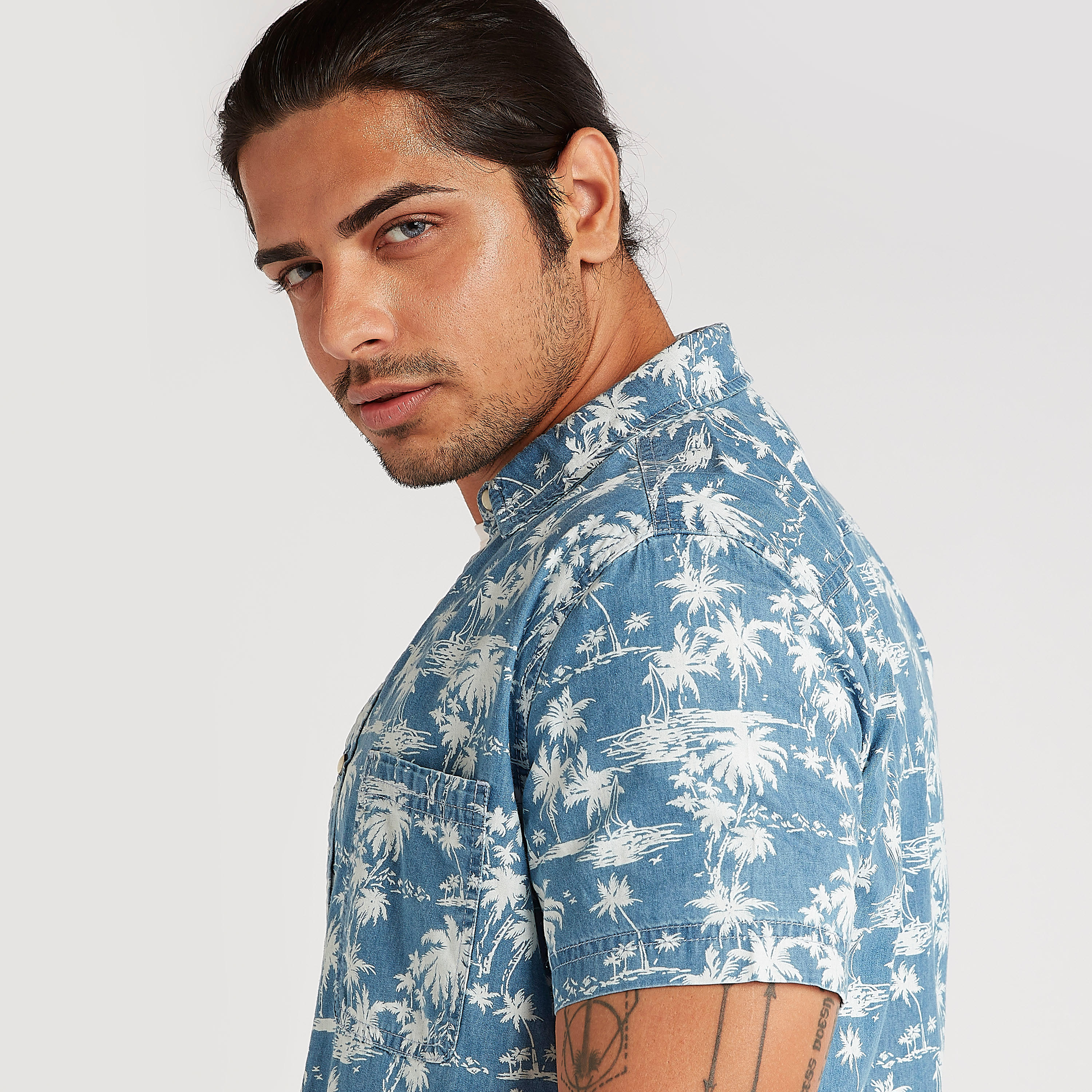 Printed Button Up Denim Shirt with Short Sleeves-men-clothing-shirts-image-7