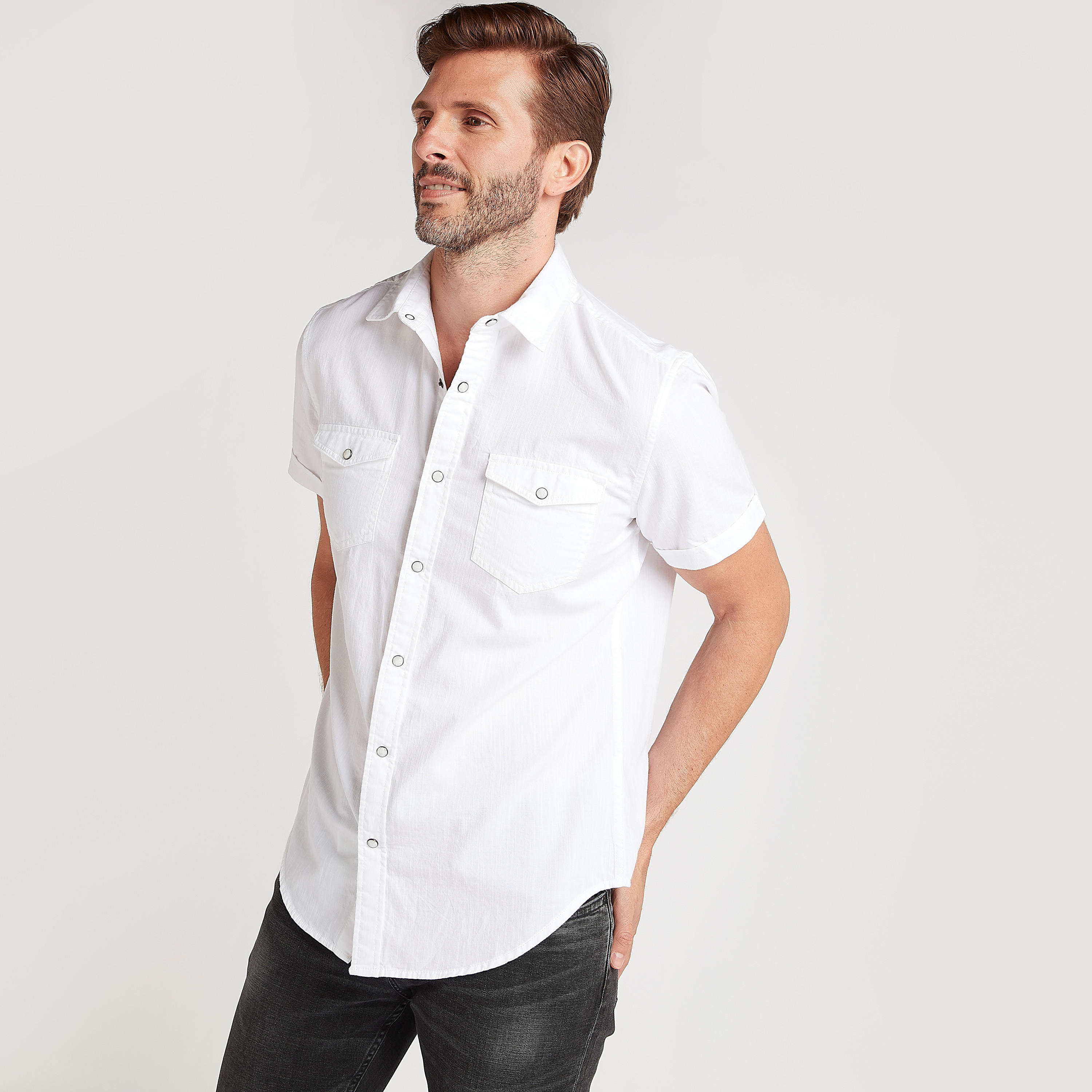 Textured Slim Fit Denim Shirt with Flap Pockets-men-clothing-shirts-image-1