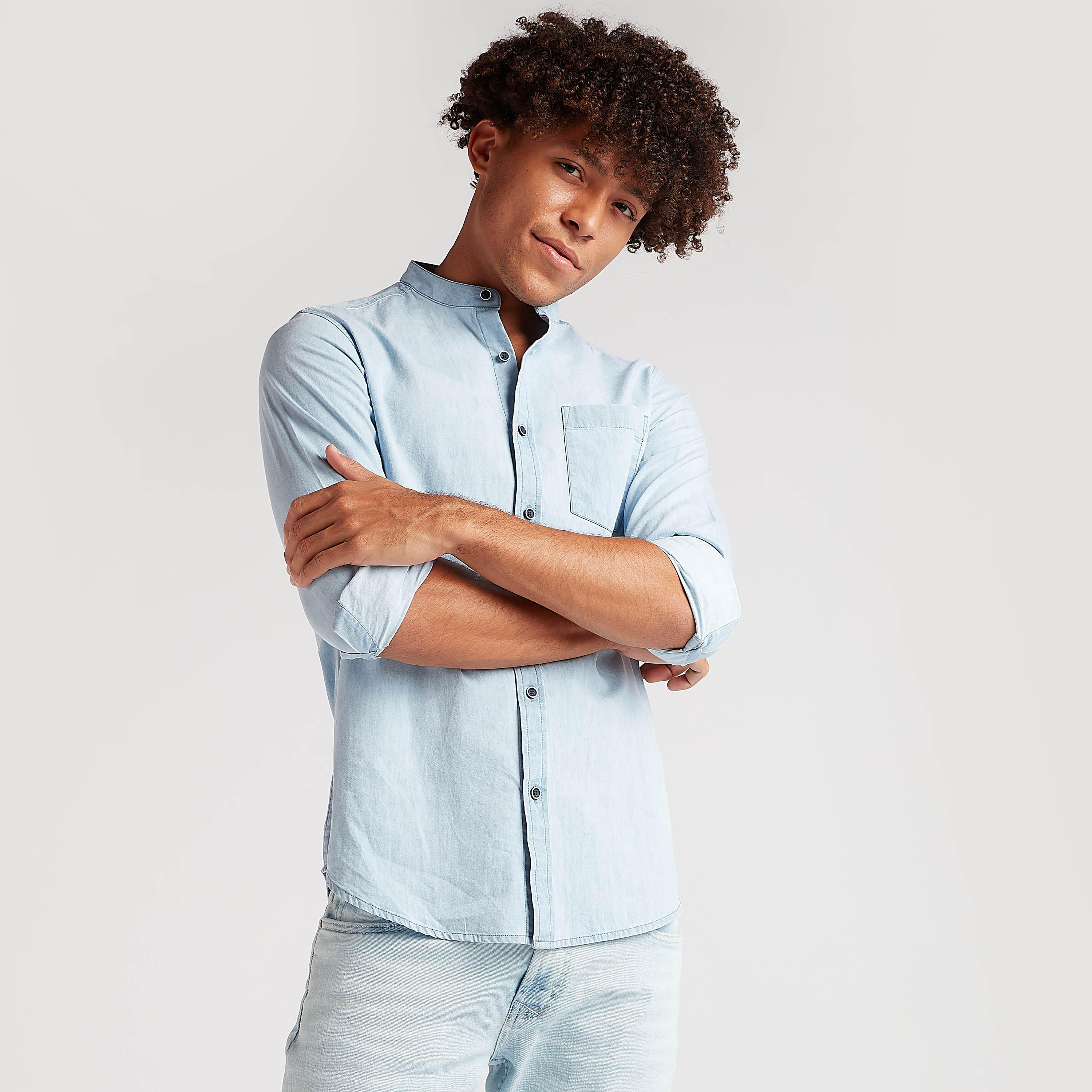 Solid Denim Shorts with Long Sleeves and Chest Pocket-men-clothing-shirts-image-1