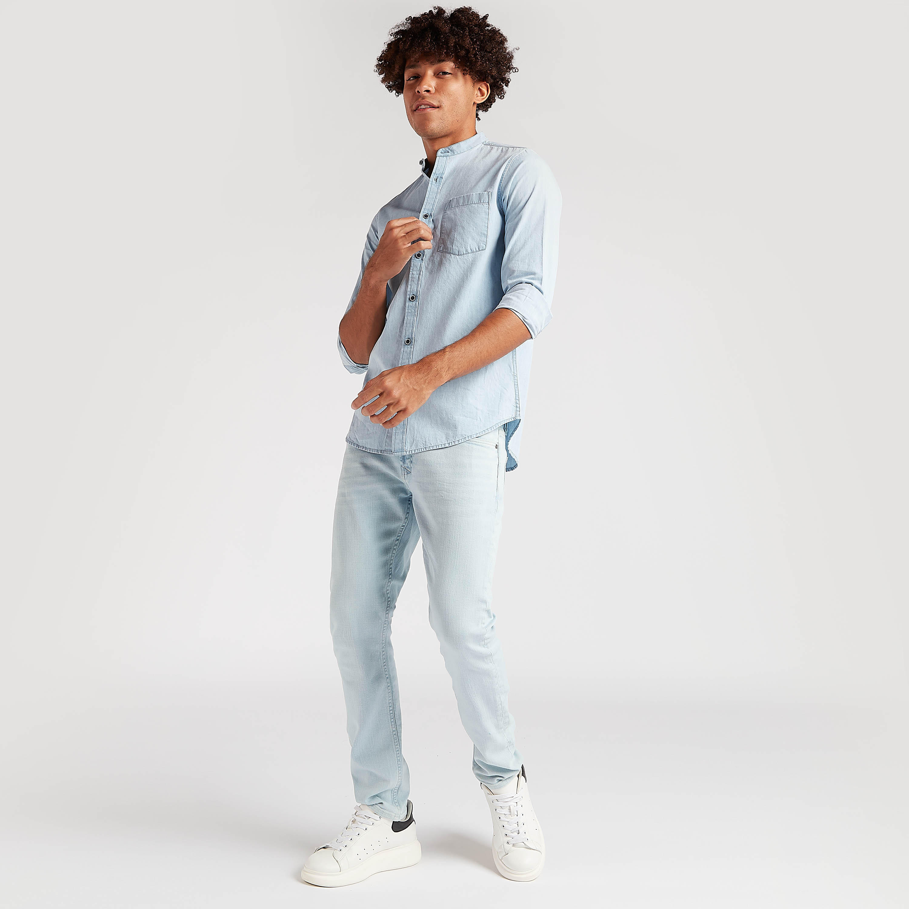 Solid Denim Shorts with Long Sleeves and Chest Pocket-men-clothing-shirts-image-2