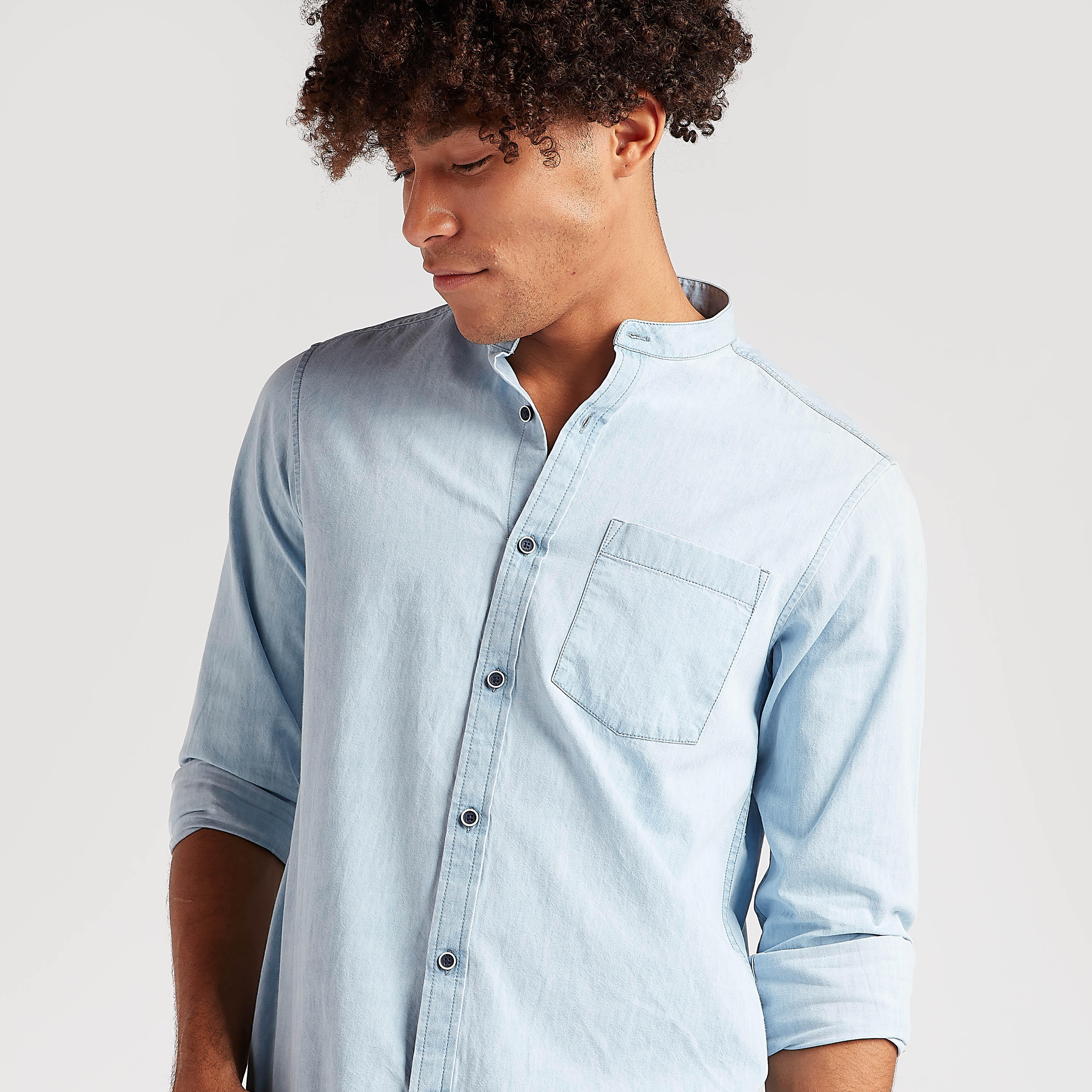 Solid Denim Shorts with Long Sleeves and Chest Pocket-men-clothing-shirts-image-3