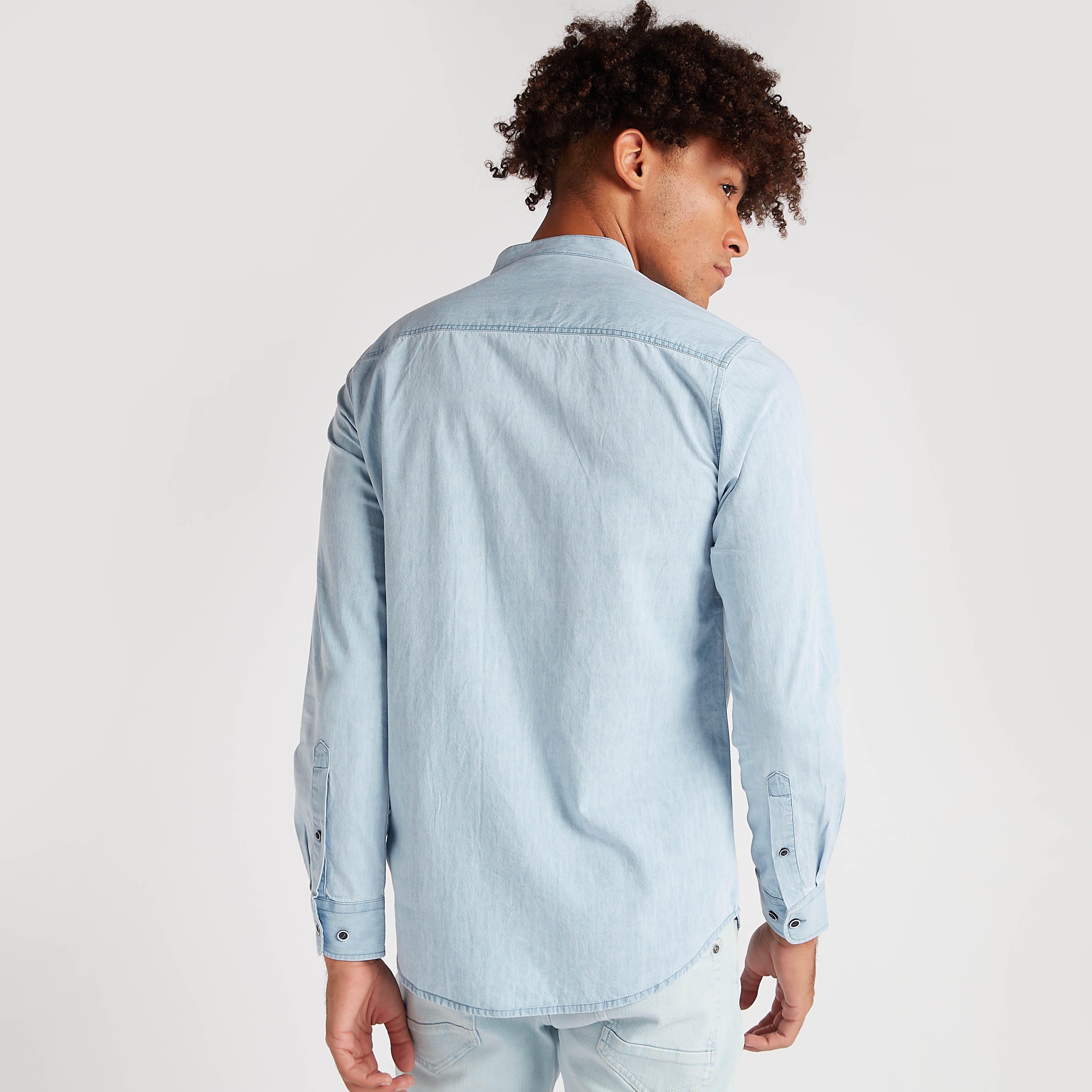 Solid Denim Shorts with Long Sleeves and Chest Pocket-men-clothing-shirts-image-4