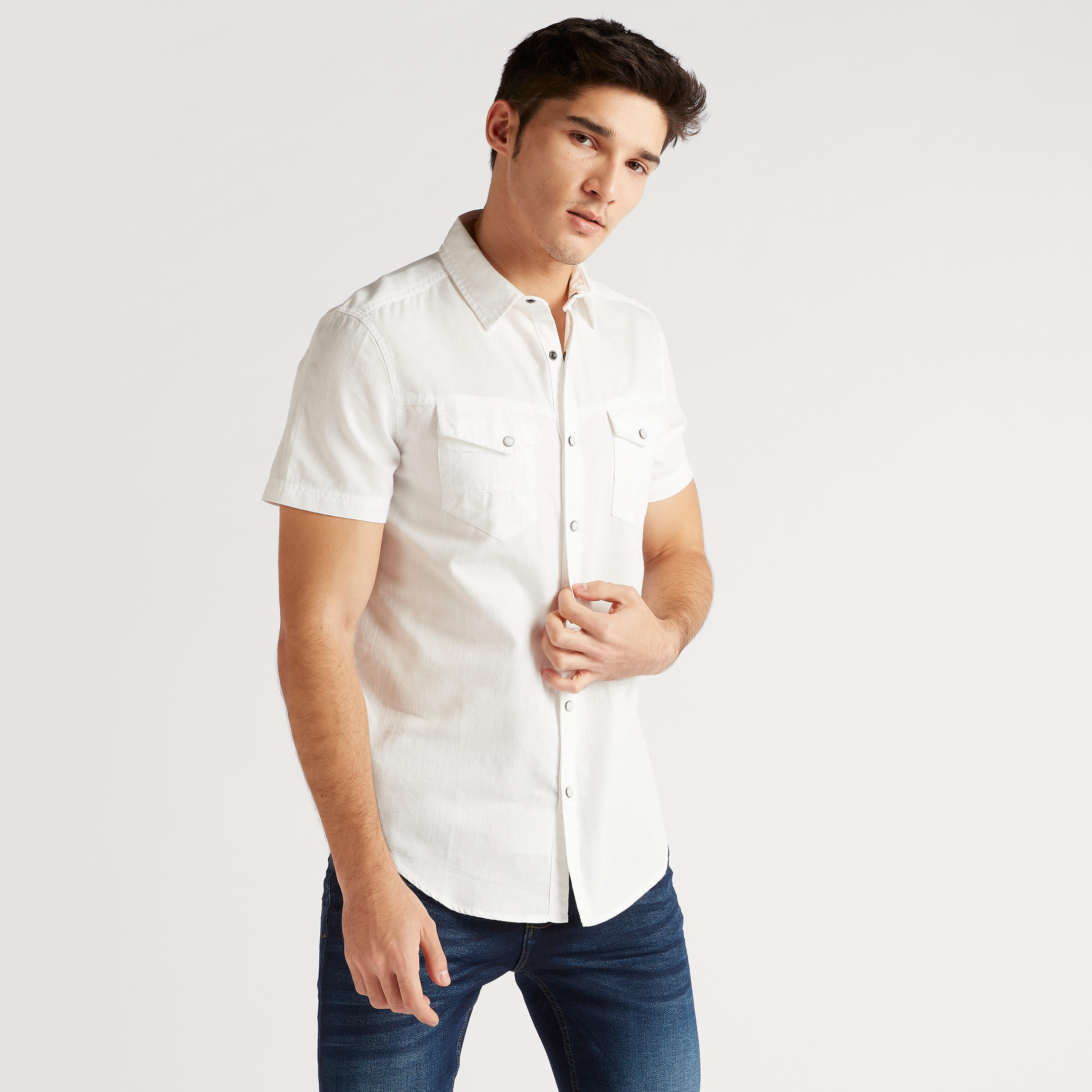 Solid Denim Shirt with Short Sleeves and Chest Pockets-men-clothing-shirts-image-1
