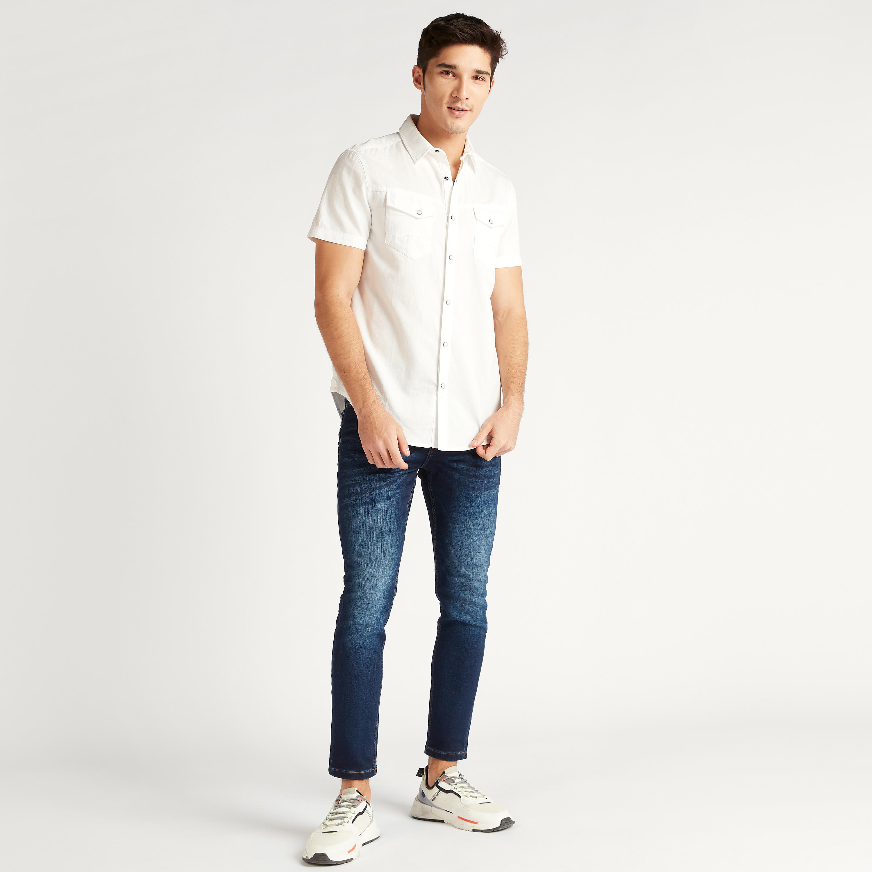 Solid Denim Shirt with Short Sleeves and Chest Pockets-men-clothing-shirts-image-2