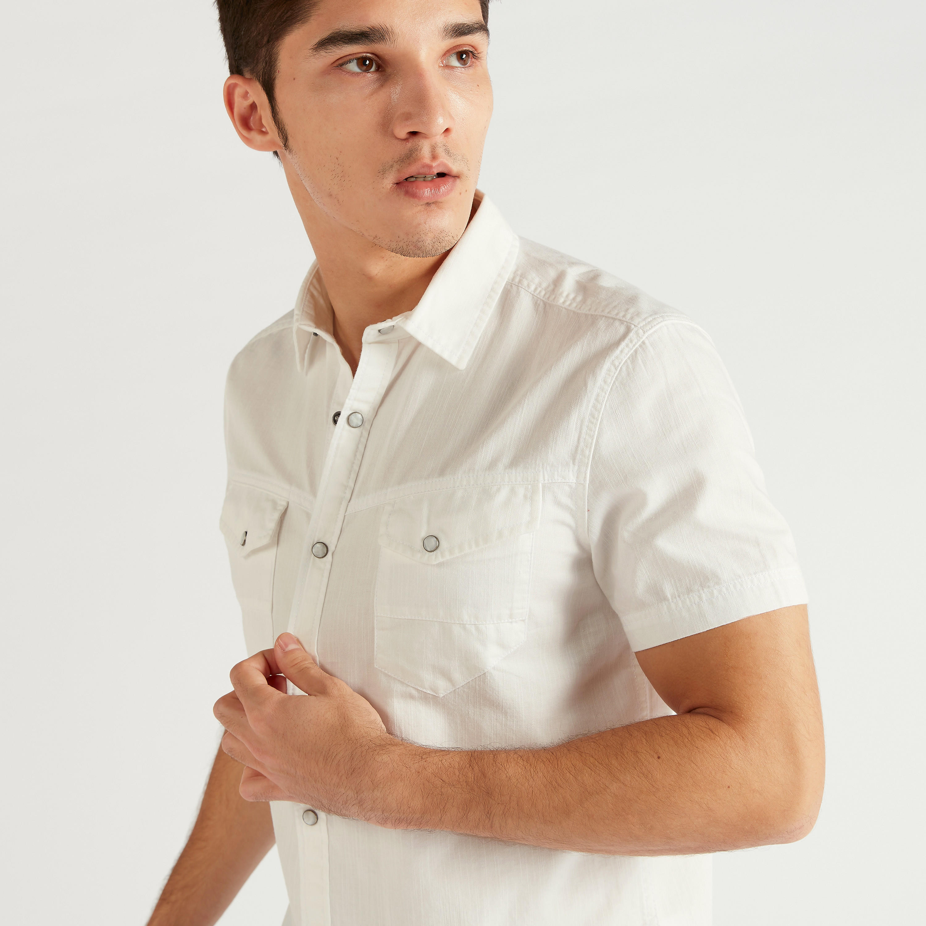 Solid Denim Shirt with Short Sleeves and Chest Pockets-men-clothing-shirts-image-3