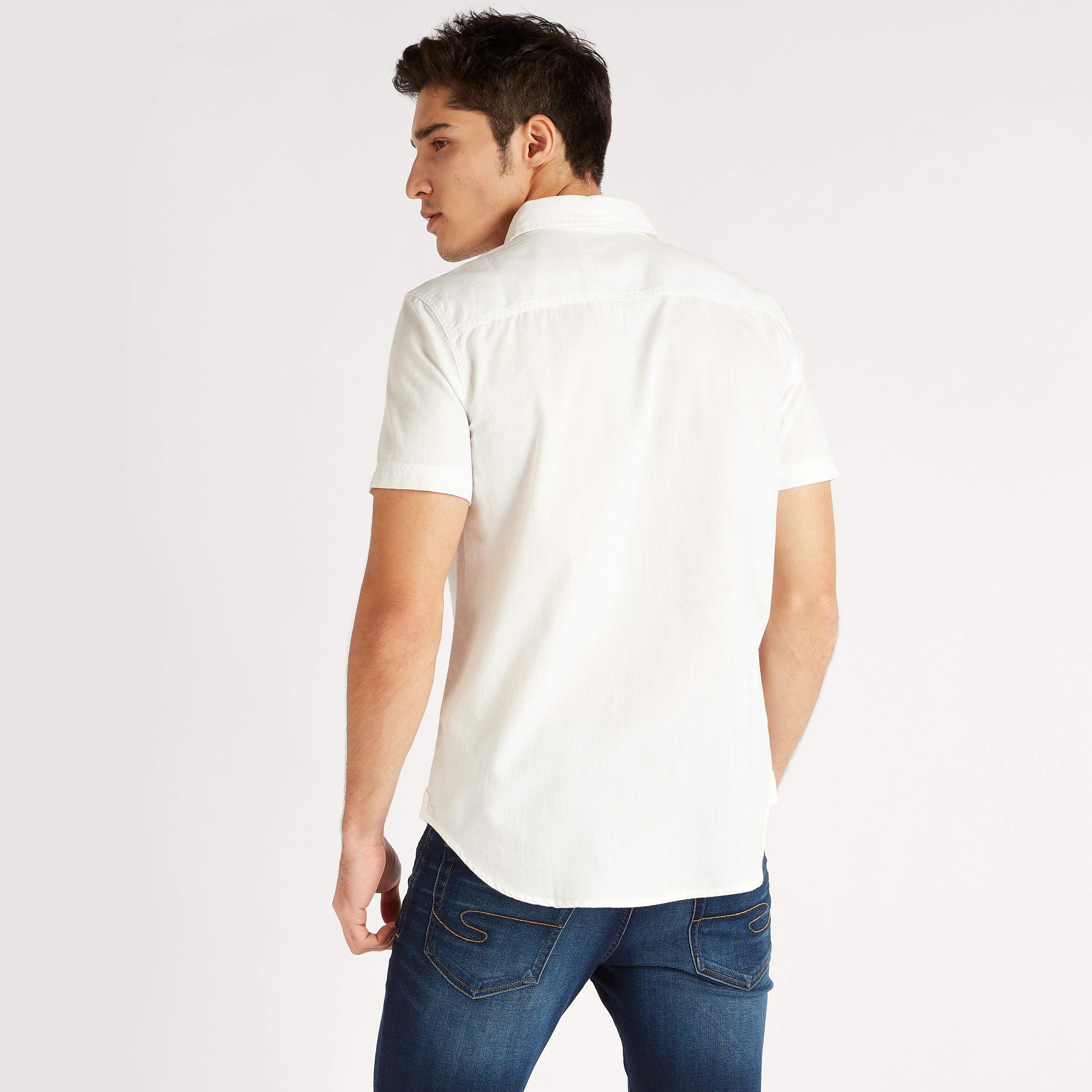 Solid Denim Shirt with Short Sleeves and Chest Pockets-men-clothing-shirts-image-4