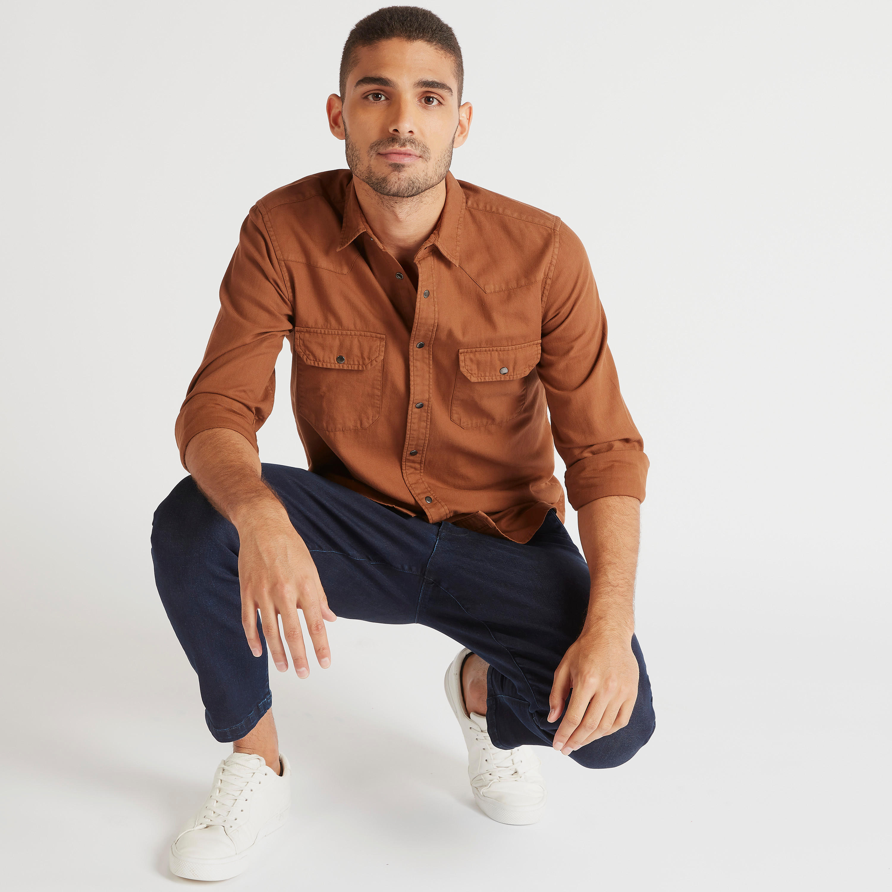 Solid Denim Shirt with Spread Collar and Long Sleeves-men-clothing-shirts-image-1