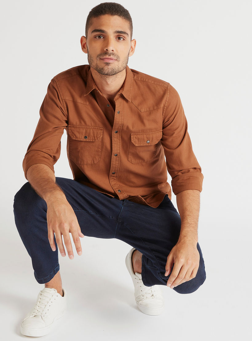 Solid Denim Shirt with Spread Collar and Long Sleeves-men-clothing-shirts-image-1