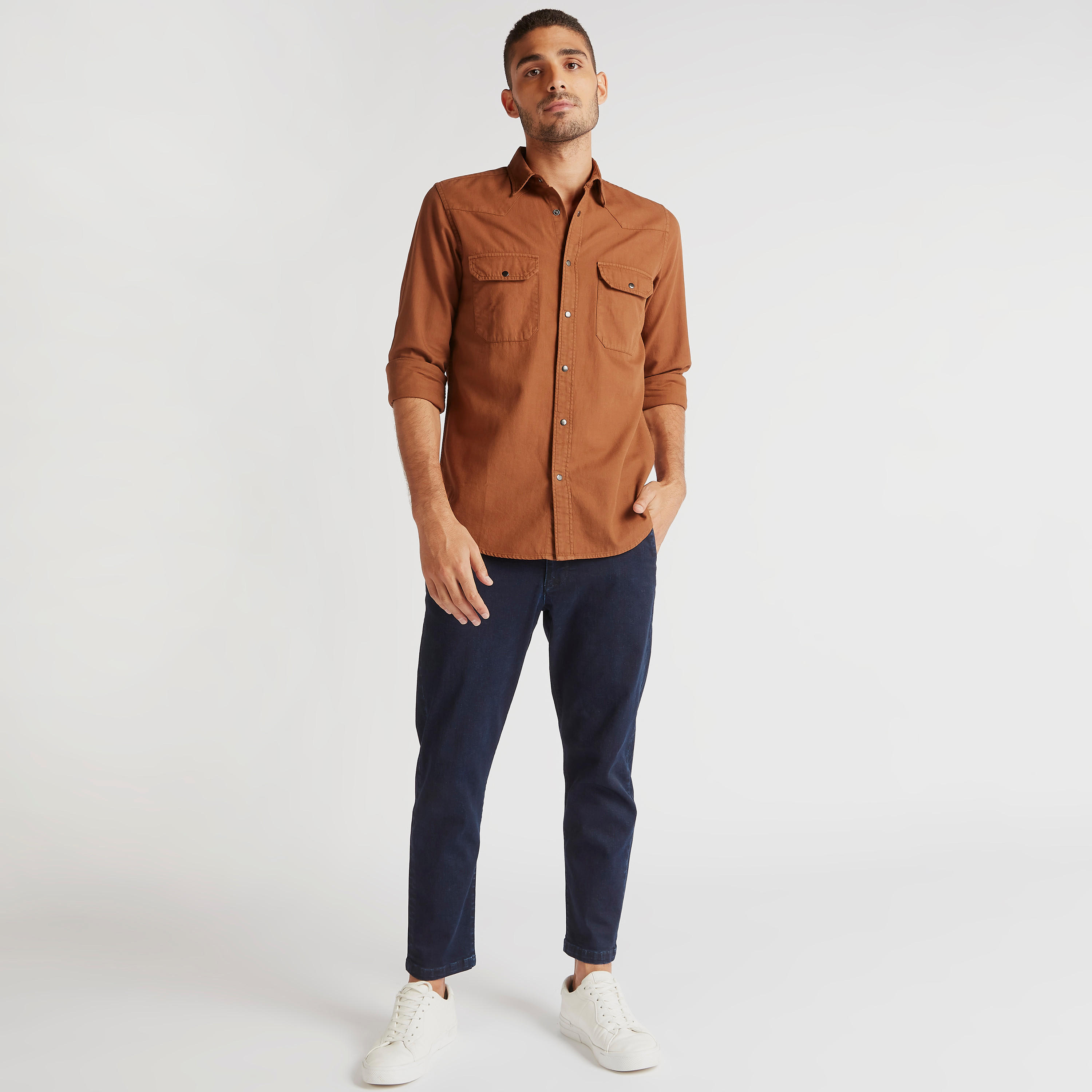 Solid Denim Shirt with Spread Collar and Long Sleeves-men-clothing-shirts-image-2