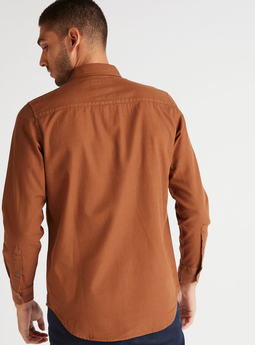 Solid Denim Shirt with Spread Collar and Long Sleeves-men-clothing-shirts-image-4