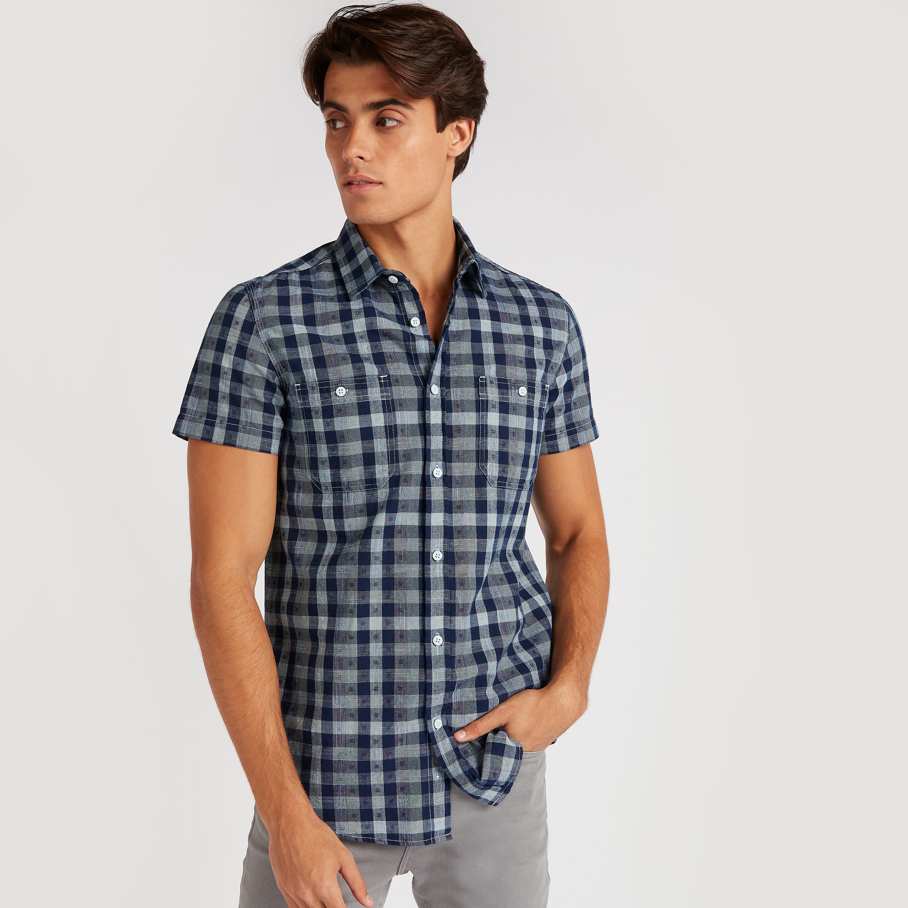 Checked Denim Shirt with Short Sleeves-men-clothing-shirts-image-1