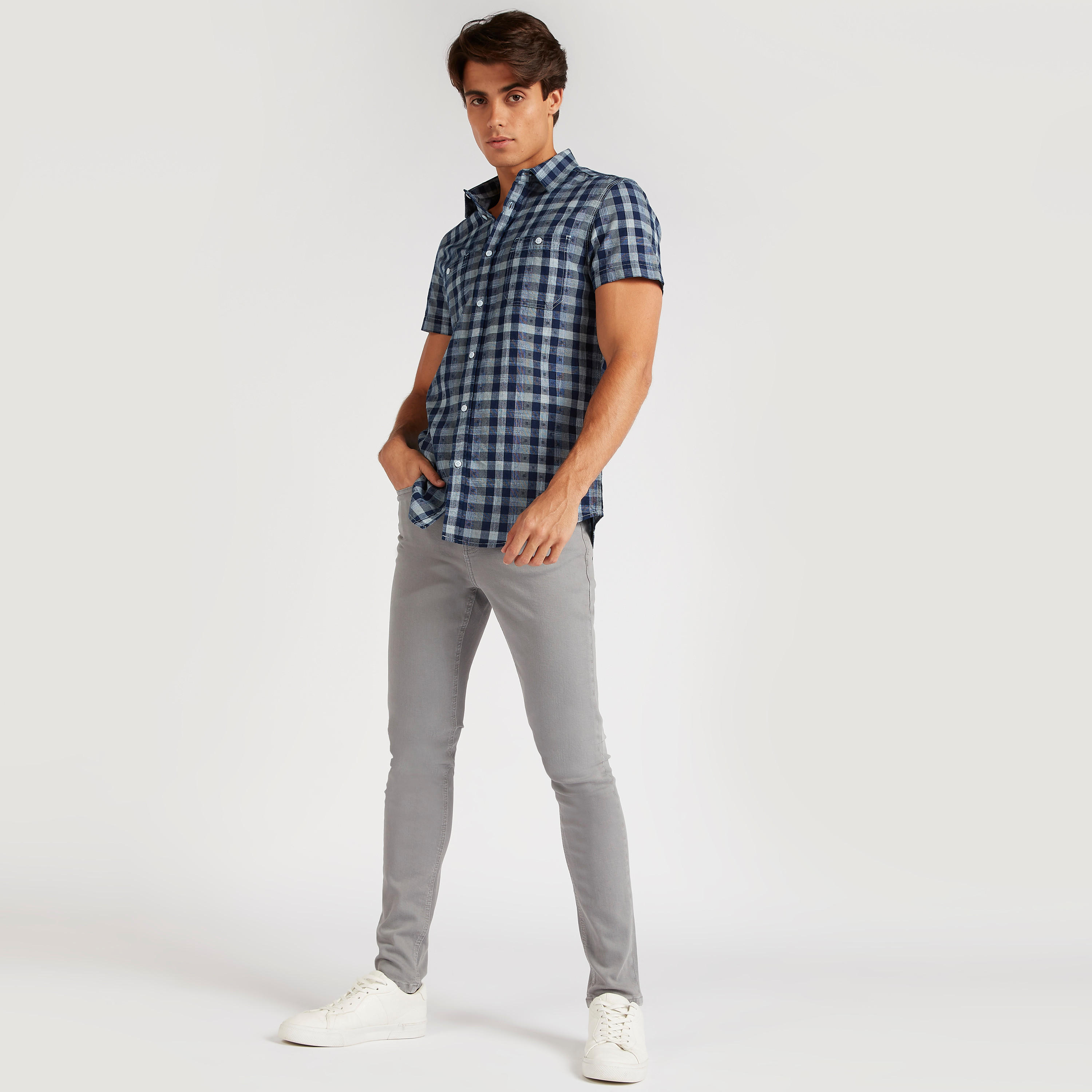 Checked Denim Shirt with Short Sleeves-men-clothing-shirts-image-2