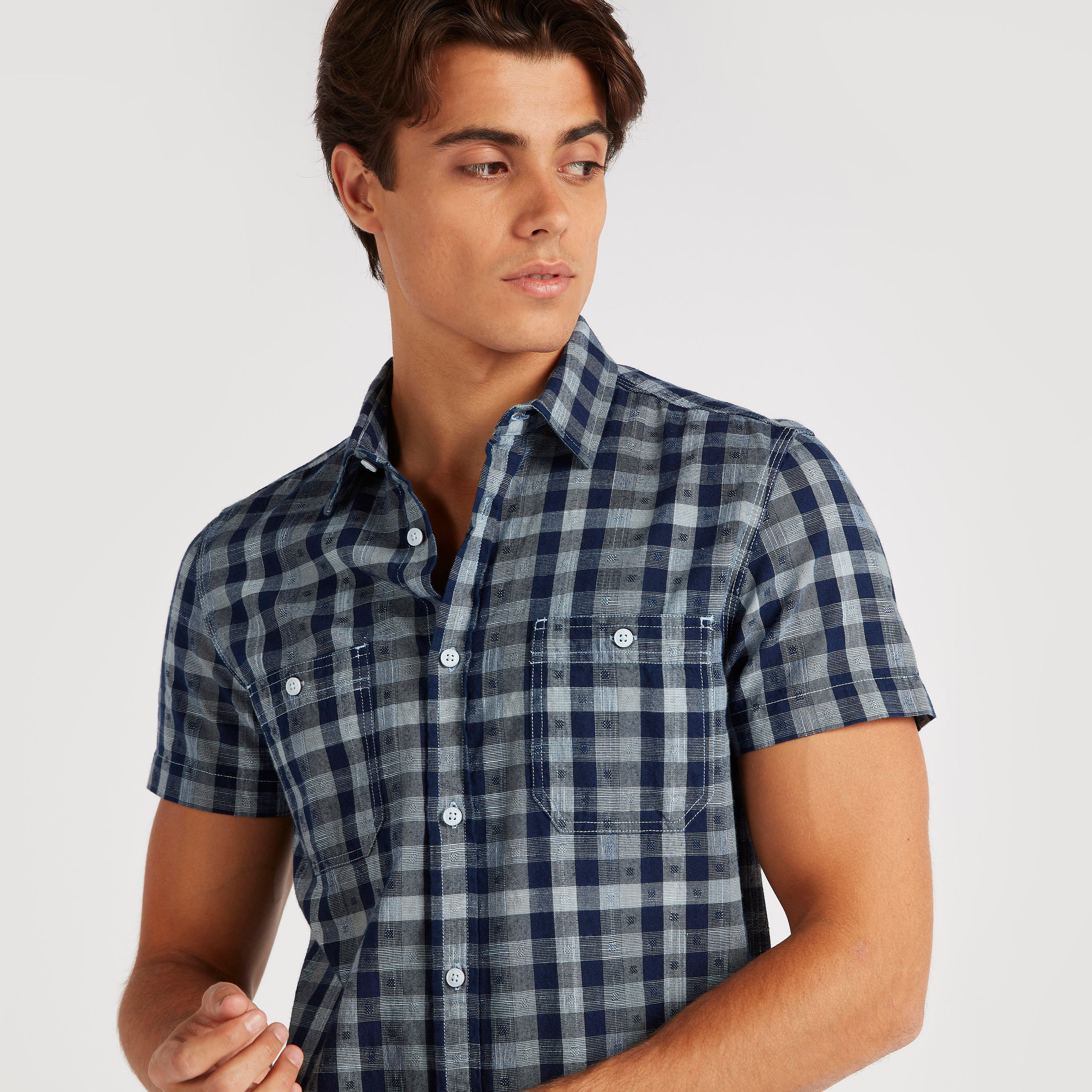 Checked Denim Shirt with Short Sleeves-men-clothing-shirts-image-3