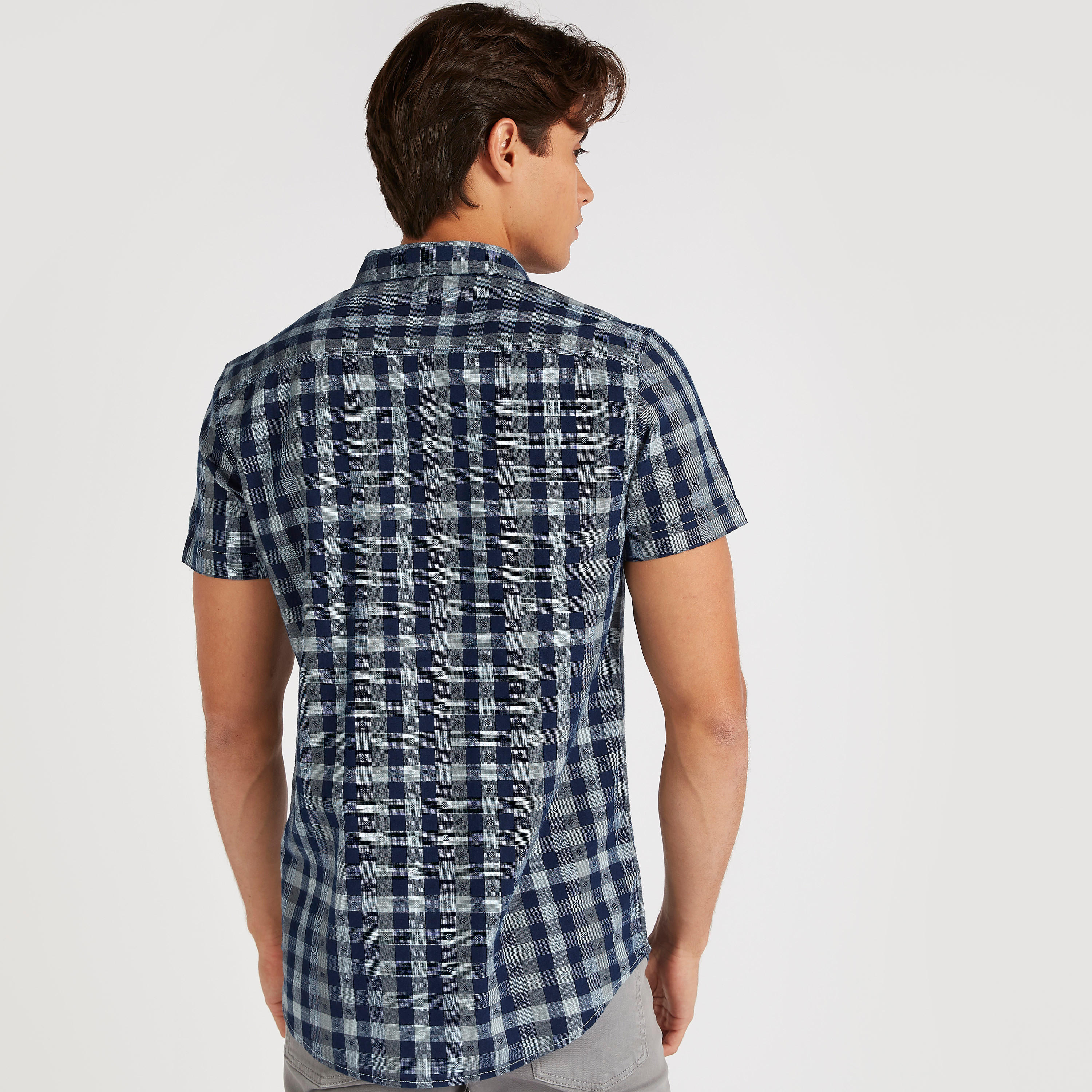 Checked Denim Shirt with Short Sleeves-men-clothing-shirts-image-4