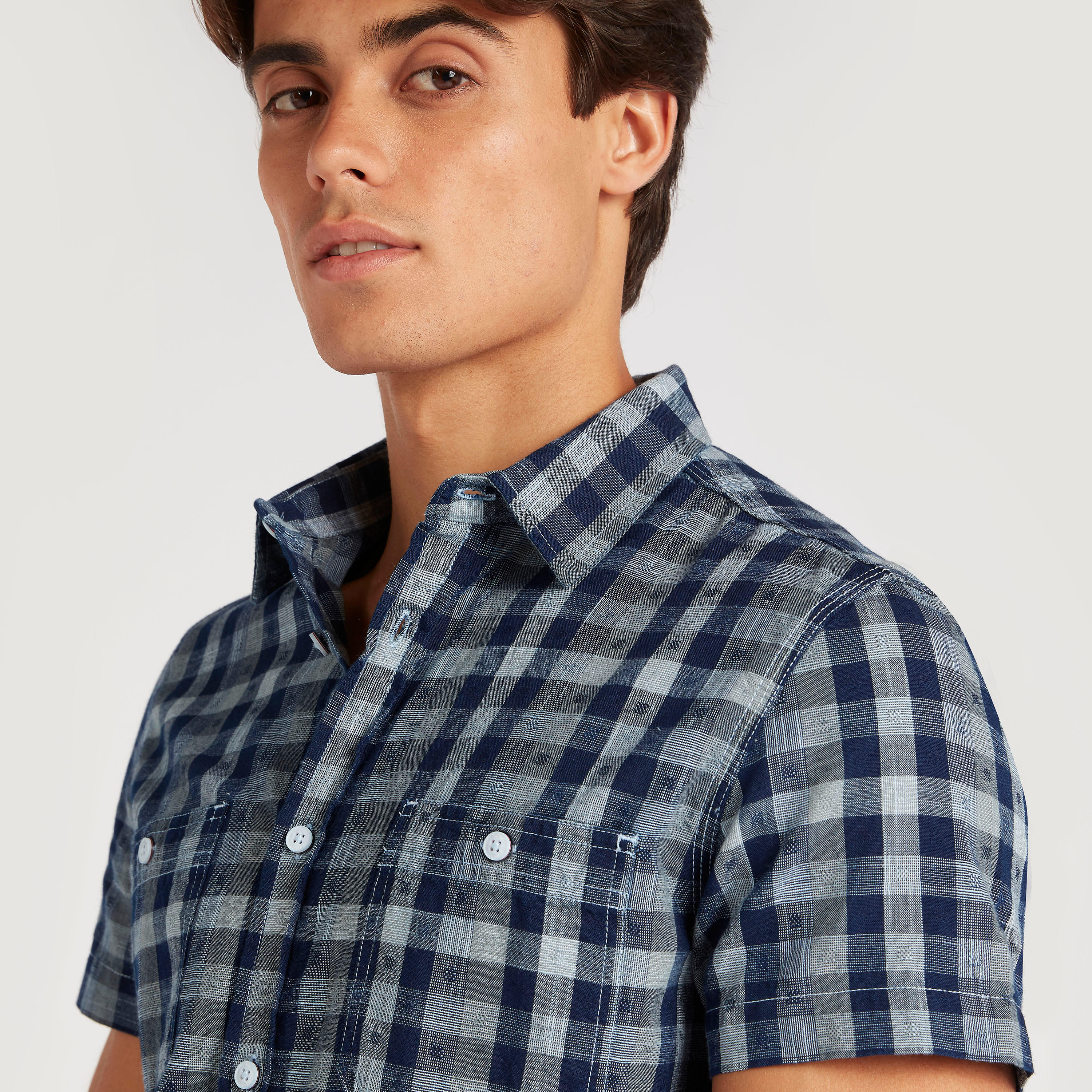 Checked Denim Shirt with Short Sleeves-men-clothing-shirts-image-5