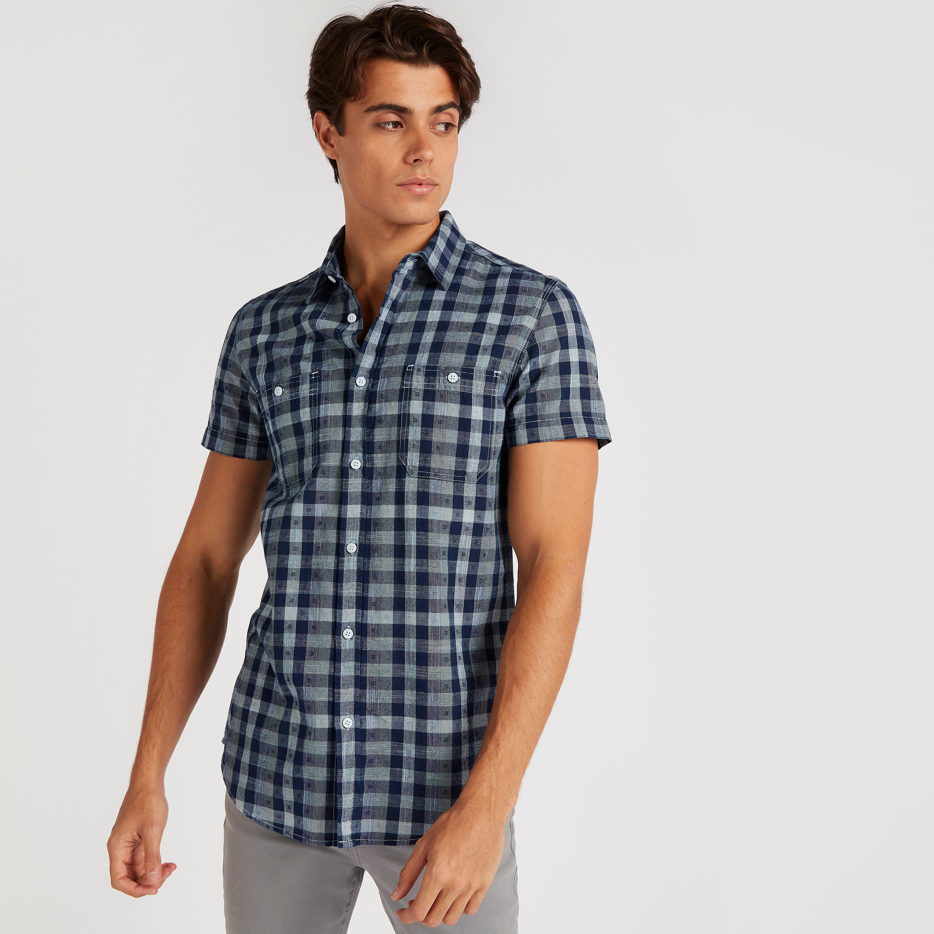 Checked Denim Shirt with Short Sleeves-men-clothing-shirts-image-6