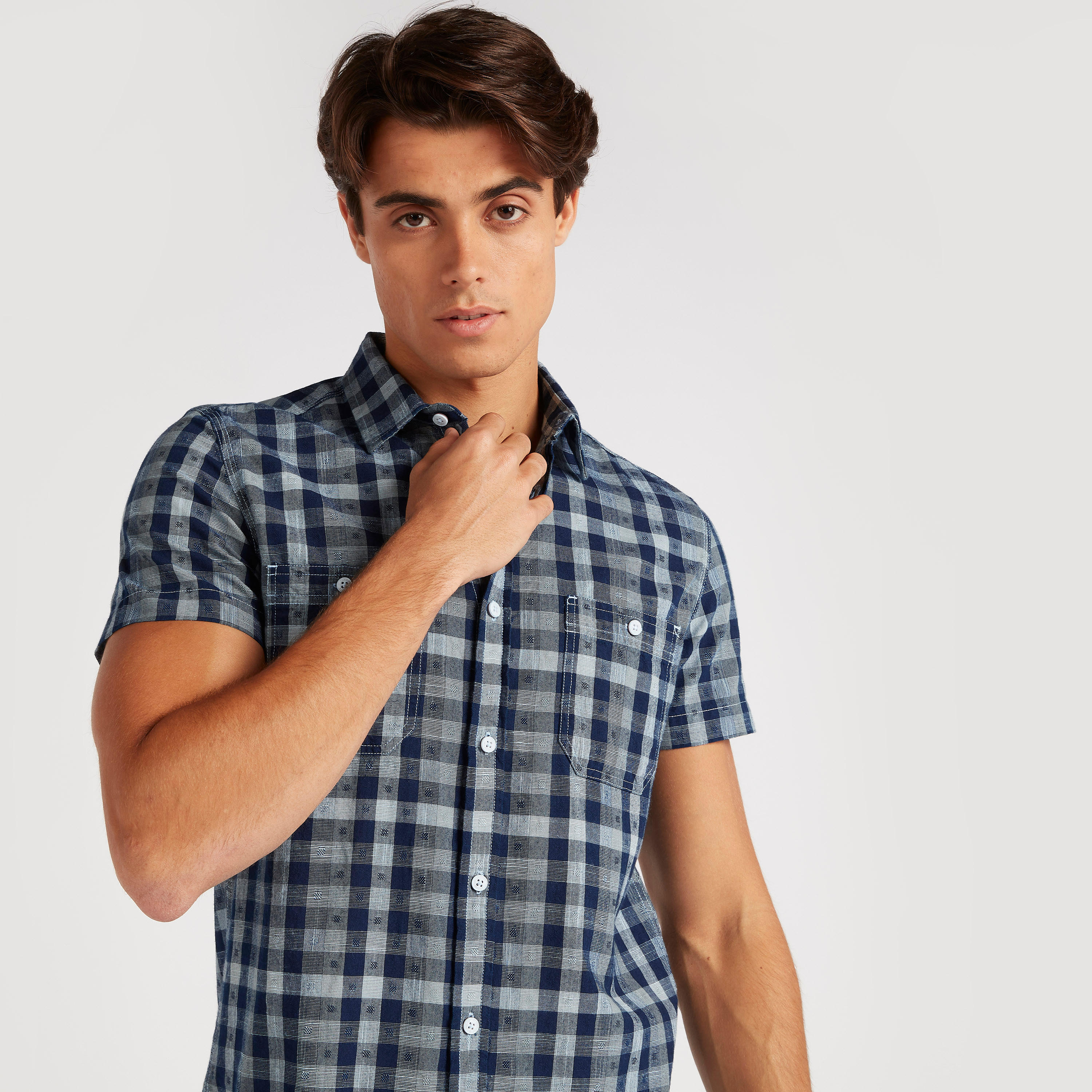 Checked Denim Shirt with Short Sleeves-men-clothing-shirts-image-7