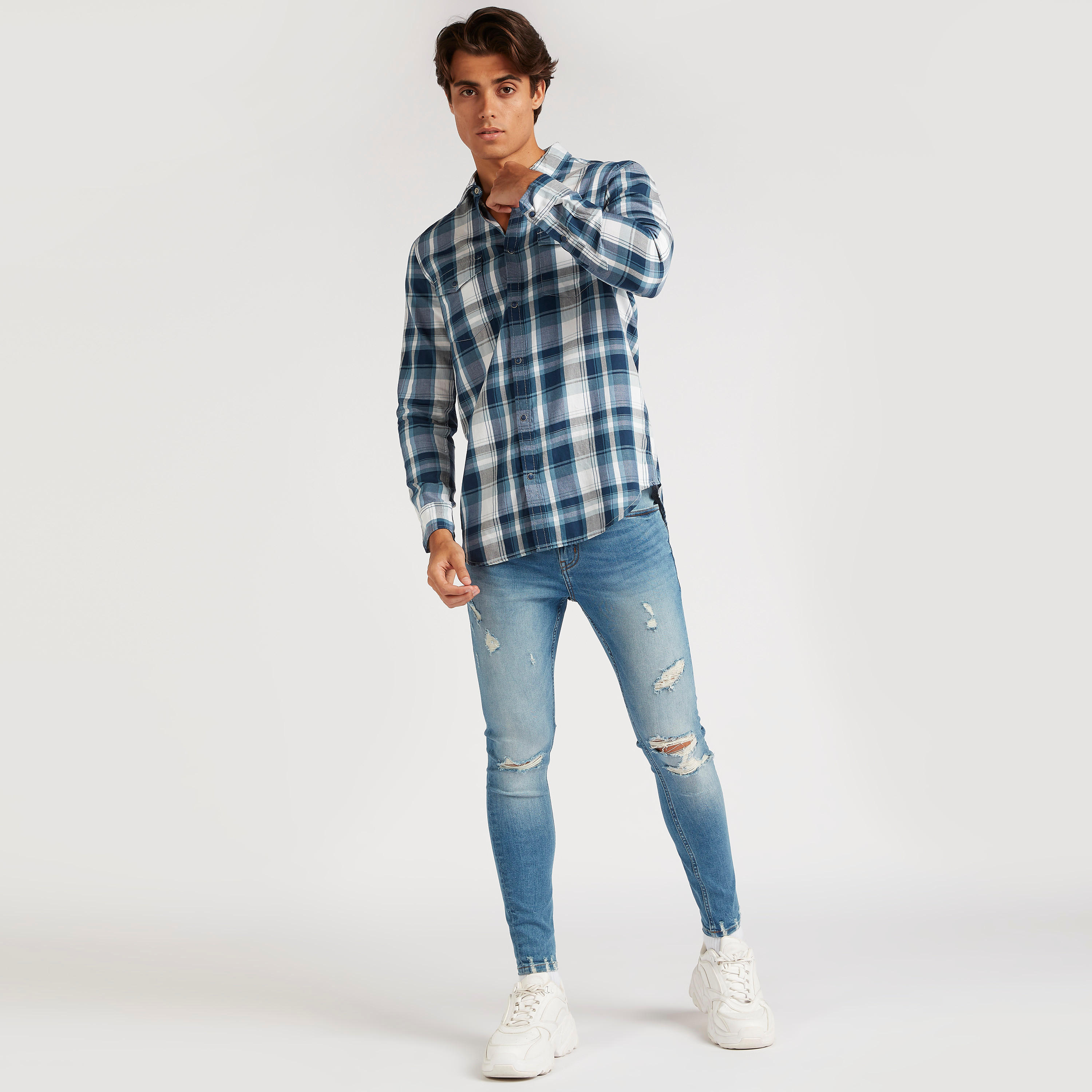 Checked Print Shirt with Long Sleeves-men-clothing-shirts-image-2