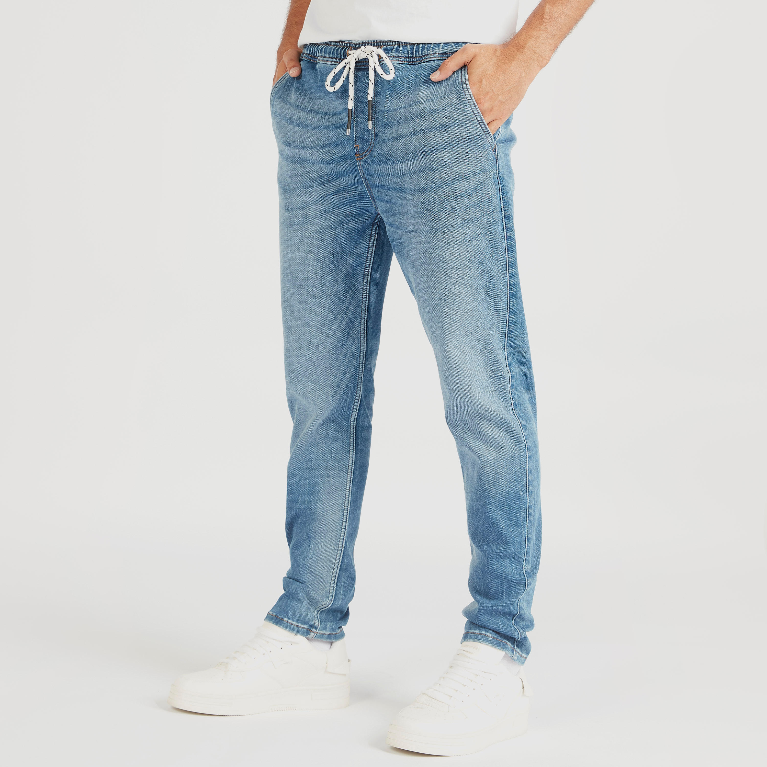 Solid Mid-Rise Denim Joggers with Drawstring Closure-men-clothing-bottoms-joggers-image-1