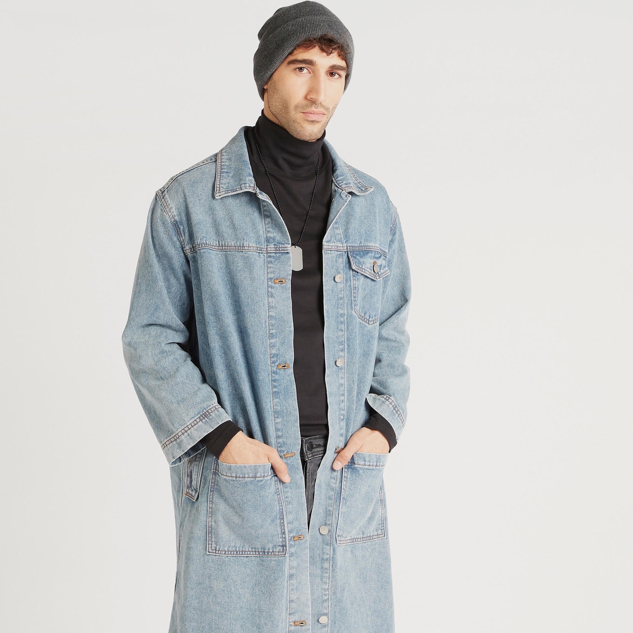 جاكيت دنيم سادة طويل بزر إغلاق وجيوب-men-clothing-jacketsandblazers-jackets-image-6