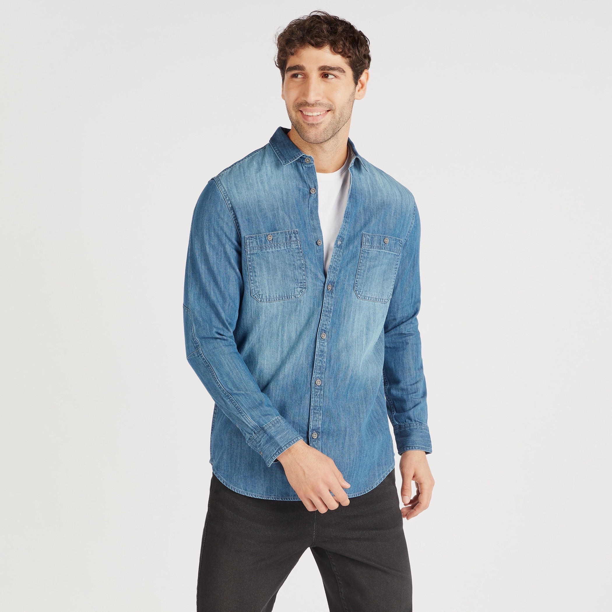 Solid Denim Shirt with Long Sleeves and Pockets-men-clothing-shirts-image-1