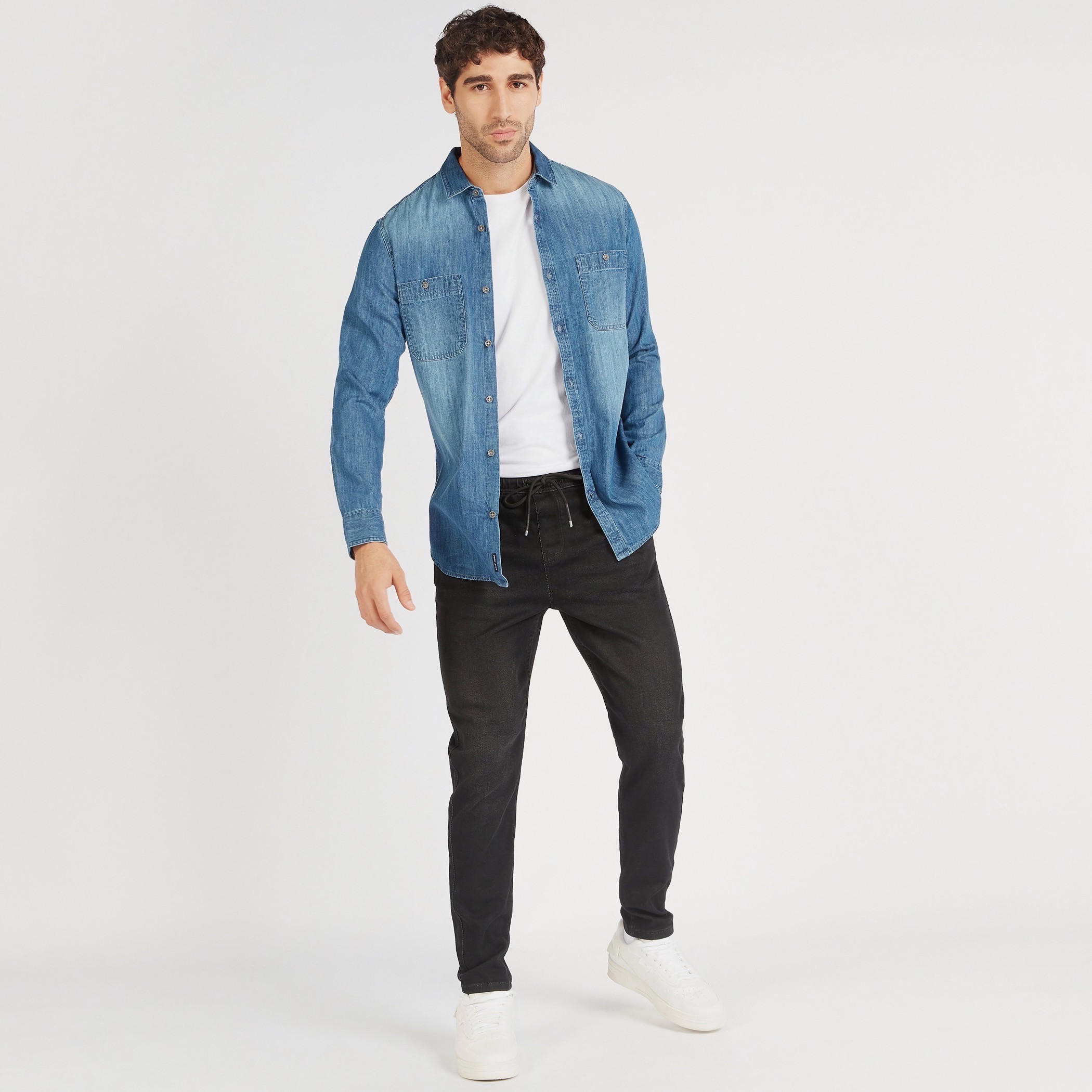 Solid Denim Shirt with Long Sleeves and Pockets-men-clothing-shirts-image-2