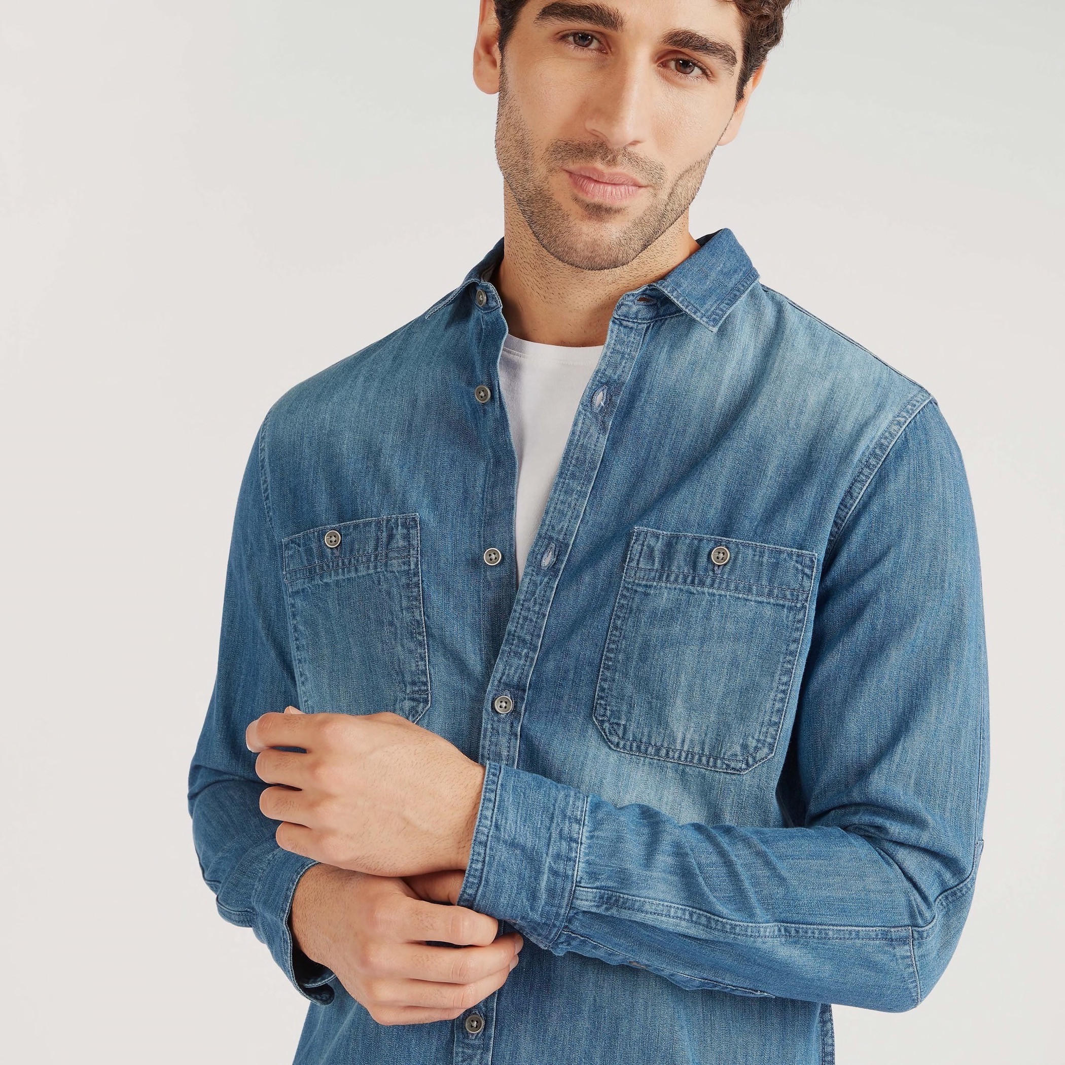 Solid Denim Shirt with Long Sleeves and Pockets-men-clothing-shirts-image-3