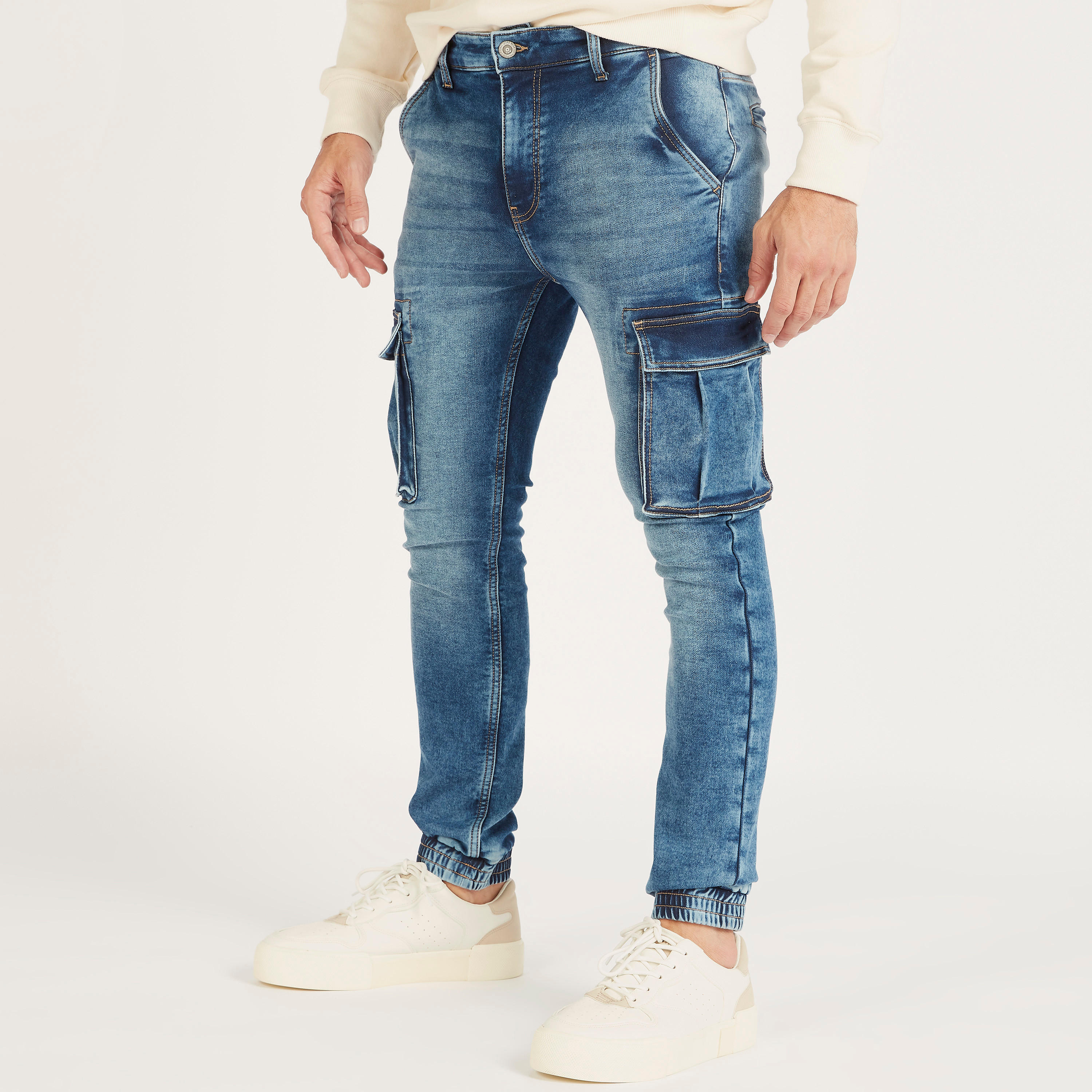 Solid Cargo Jeans with Button Closure and Pockets-men-clothing-bottoms-jeans-image-1